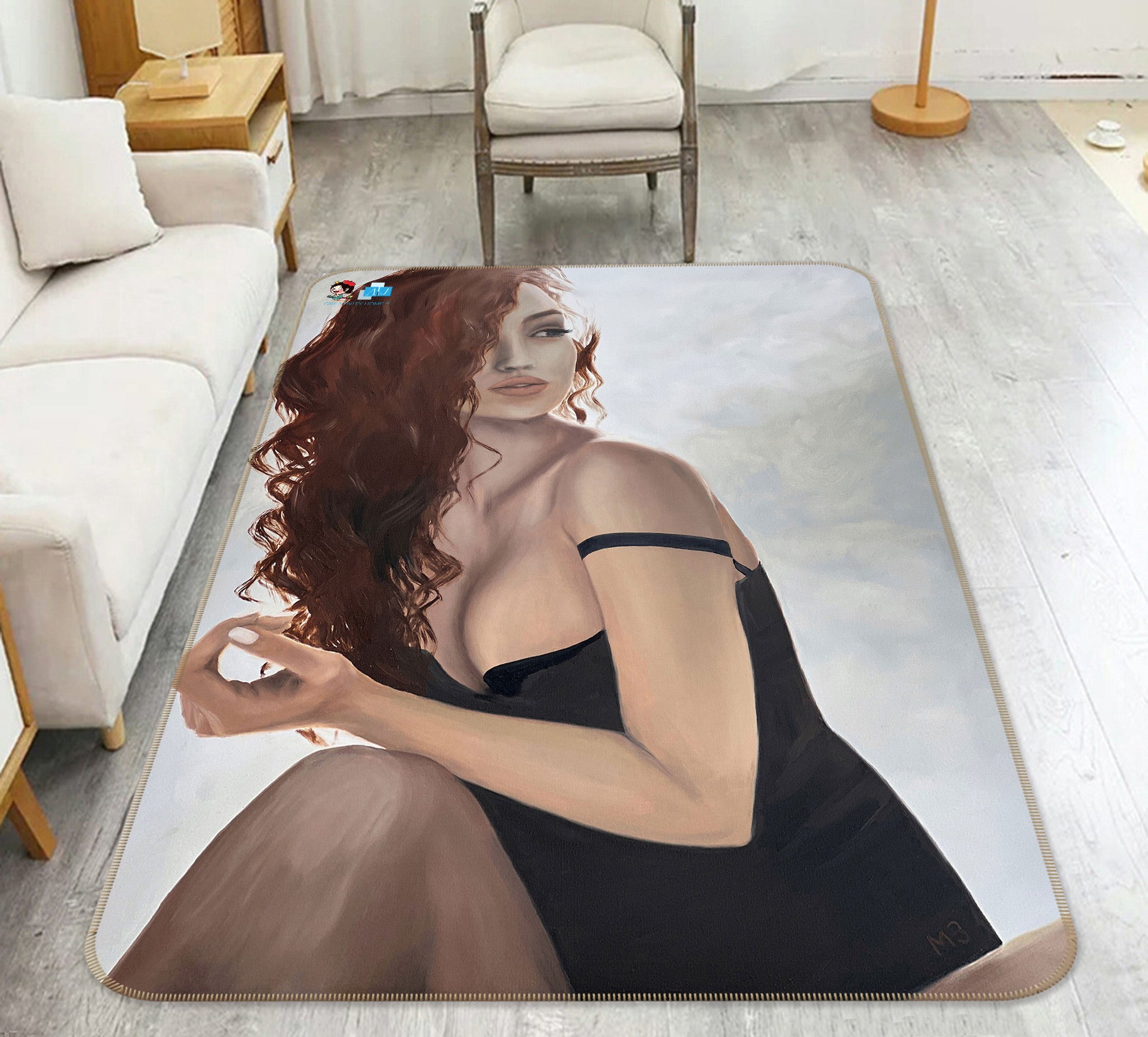 3D Curly Hair Black Dress Woman 9713 Marina Zotova Rug Non Slip Rug Mat