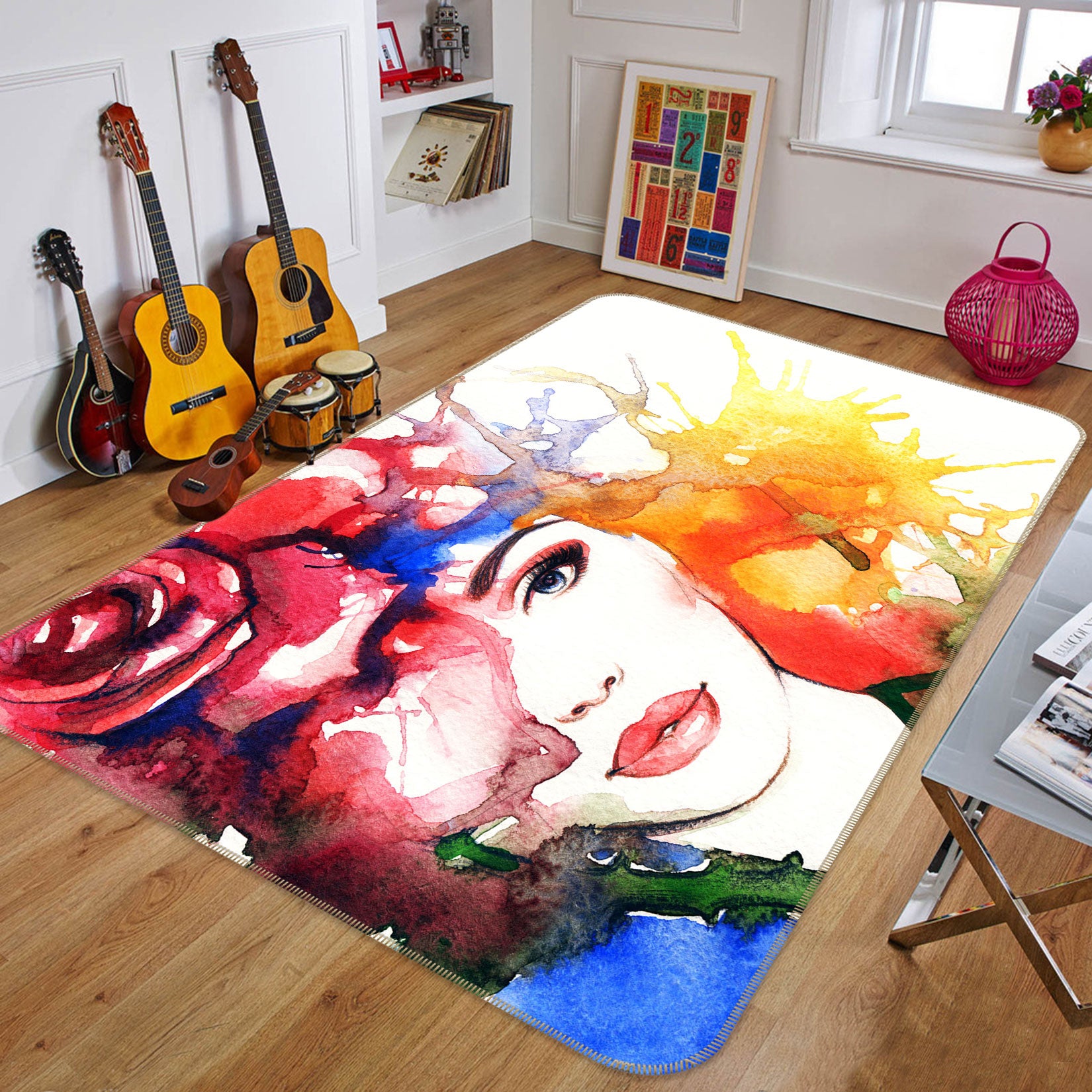 3D Red Rose Woman 1012 Non Slip Rug Mat