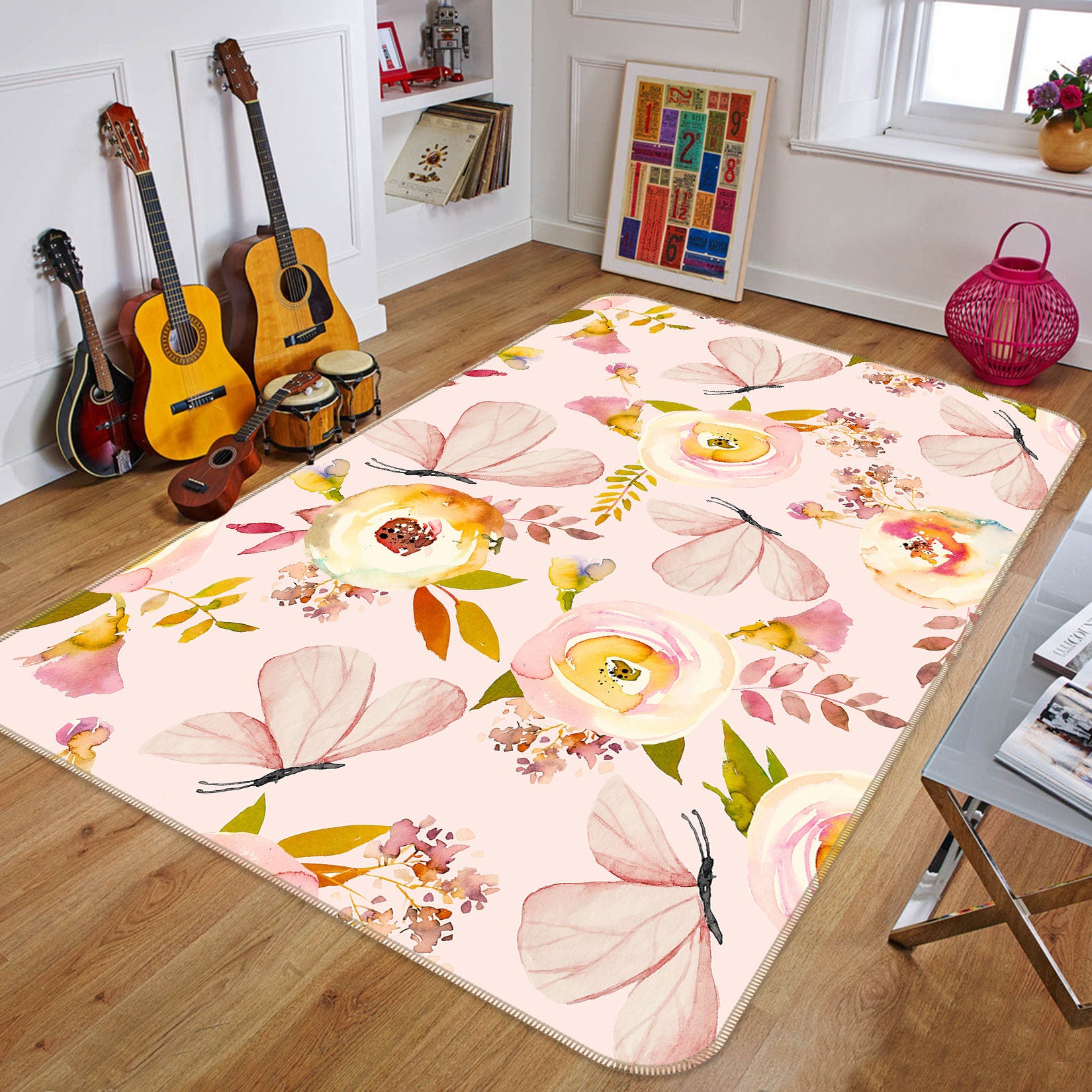3D Pink Butterfly 102 Uta Naumann Rug Non Slip Rug Mat