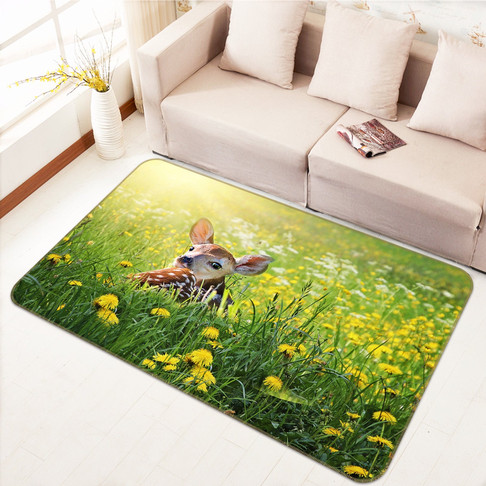 3D Fawn Flower 084 Animal Non Slip Rug Mat