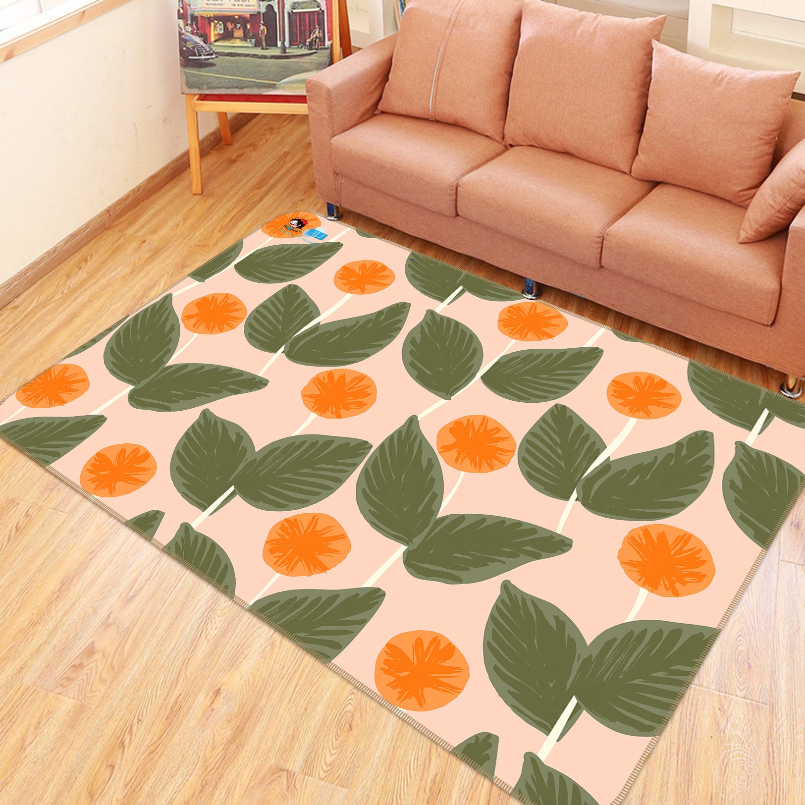 3D Orange Round Flowers Leaves 107104 Kashmira Jayaprakash Rug Non Slip Rug Mat