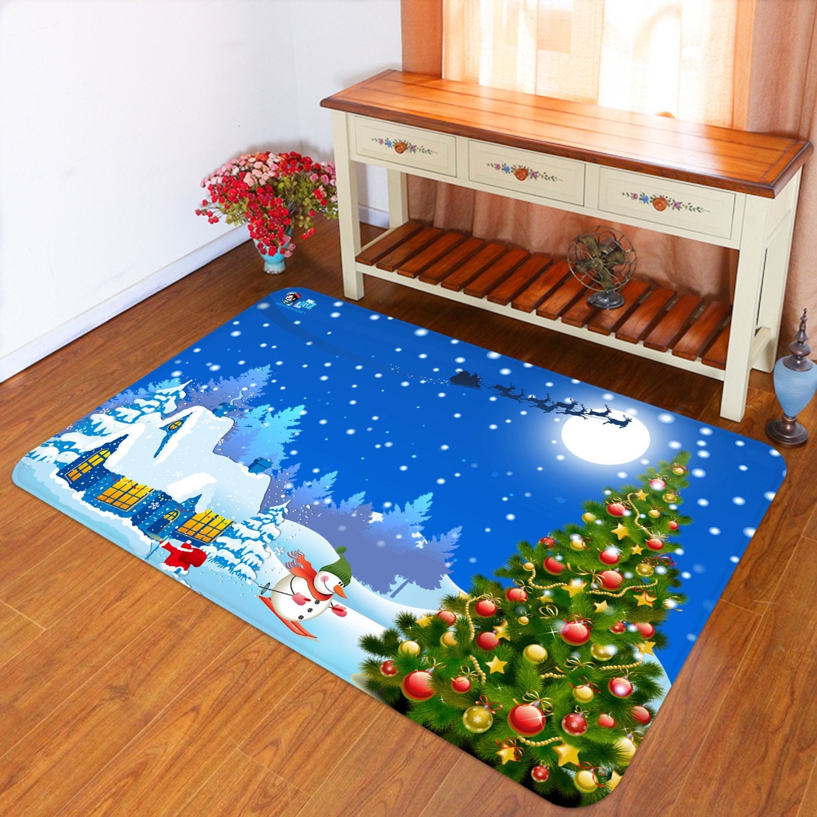 3D Christmas Tree Skiing 010 Non Slip Rug Mat Mat AJ Creativity Home 