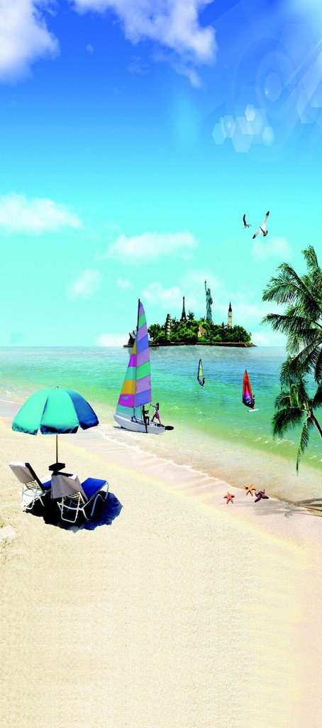 3D sandy beach blue sky sailing door mural Wallpaper AJ Wallpaper 
