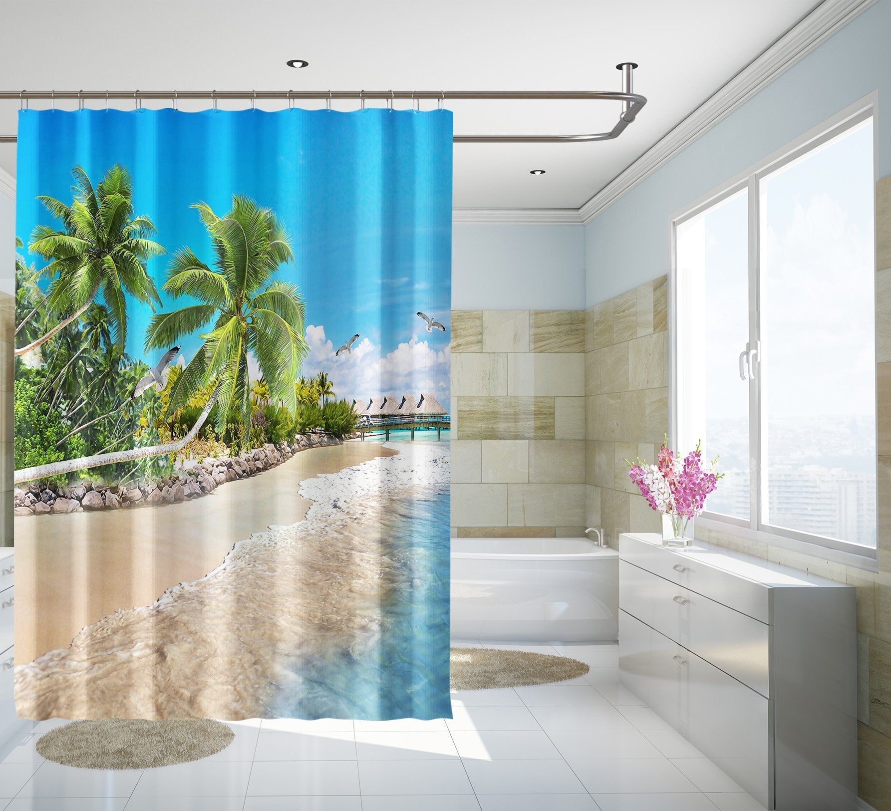 3D Beach Coconut Tree 059 Shower Curtain 3D Shower Curtain AJ Creativity Home 