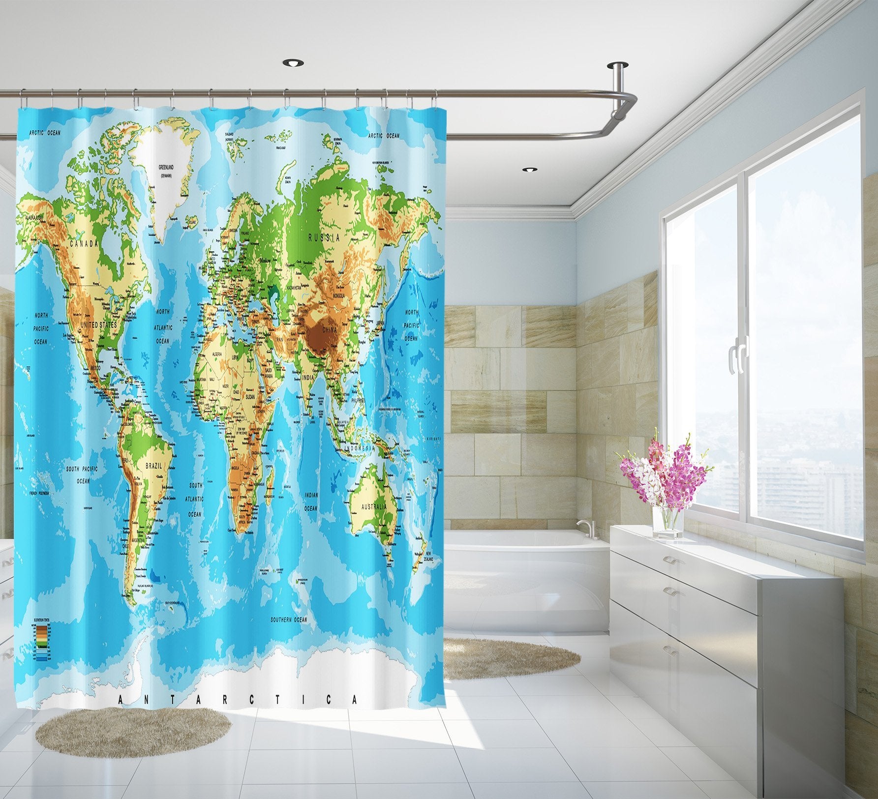 3D World Map 103 Shower Curtain 3D Shower Curtain AJ Creativity Home 