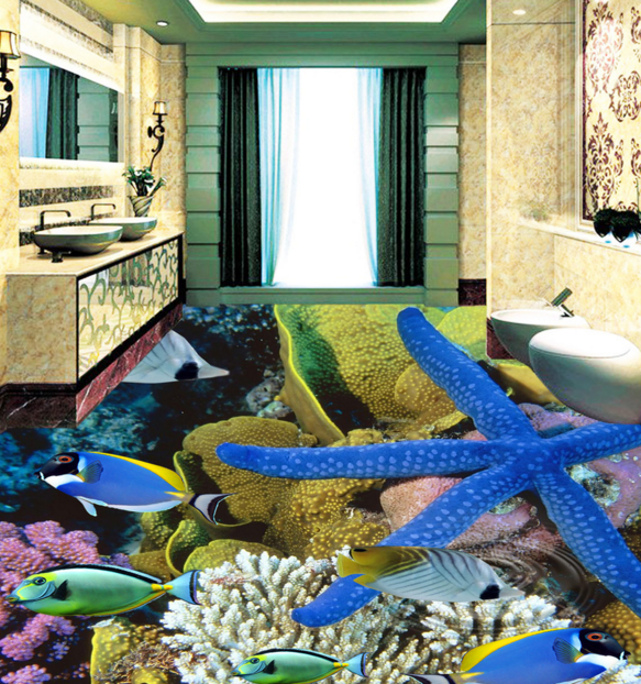 3D Starfish And Fish 352 Floor Mural  Wallpaper Murals Rug & Mat Print Epoxy waterproof bath floor