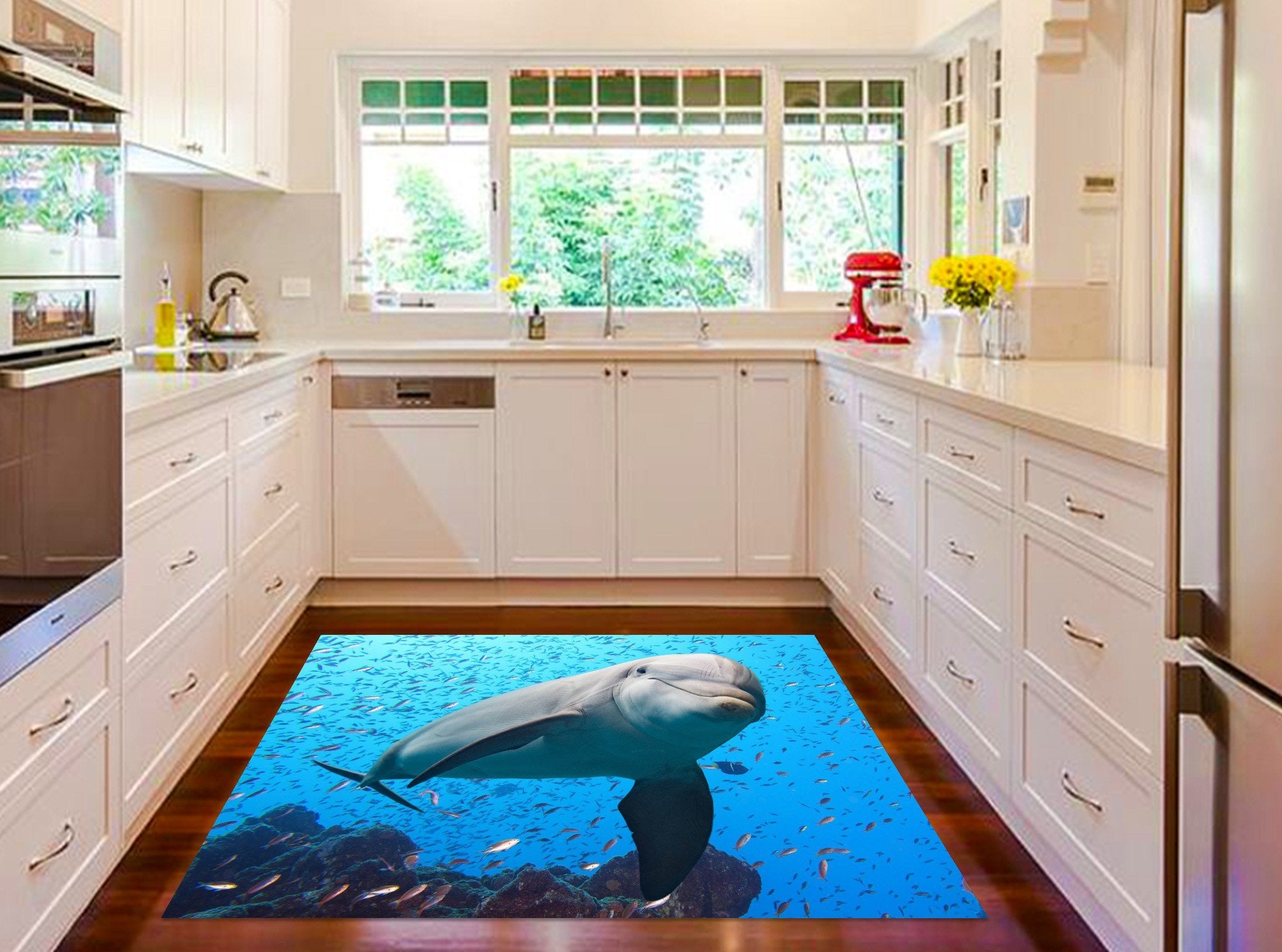 3D Sea Lovely Dolphin Kitchen Mat Floor Mural Wallpaper AJ Wallpaper 