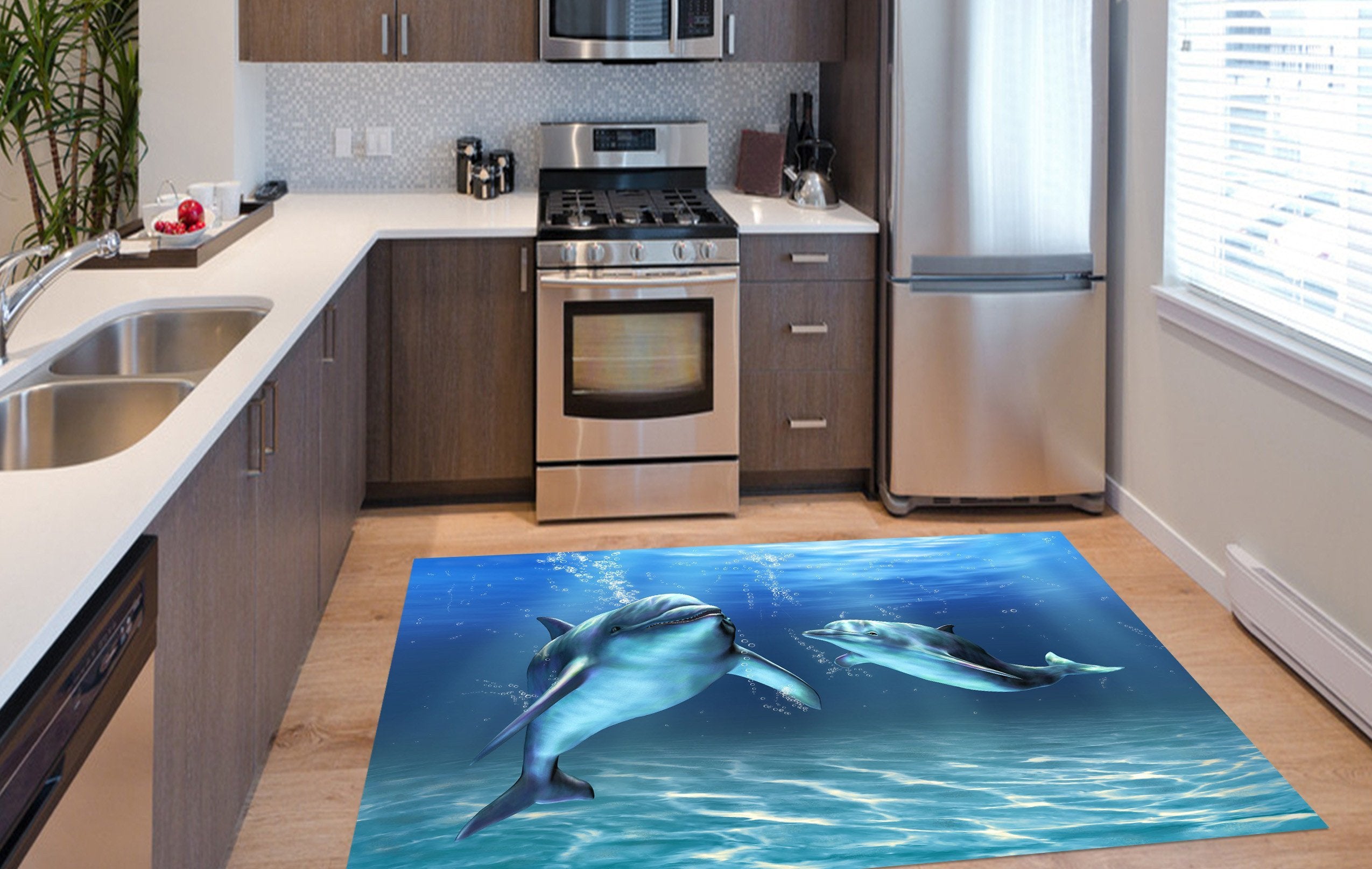 3D Sea Dolphins Kitchen Mat Floor Mural Wallpaper AJ Wallpaper 