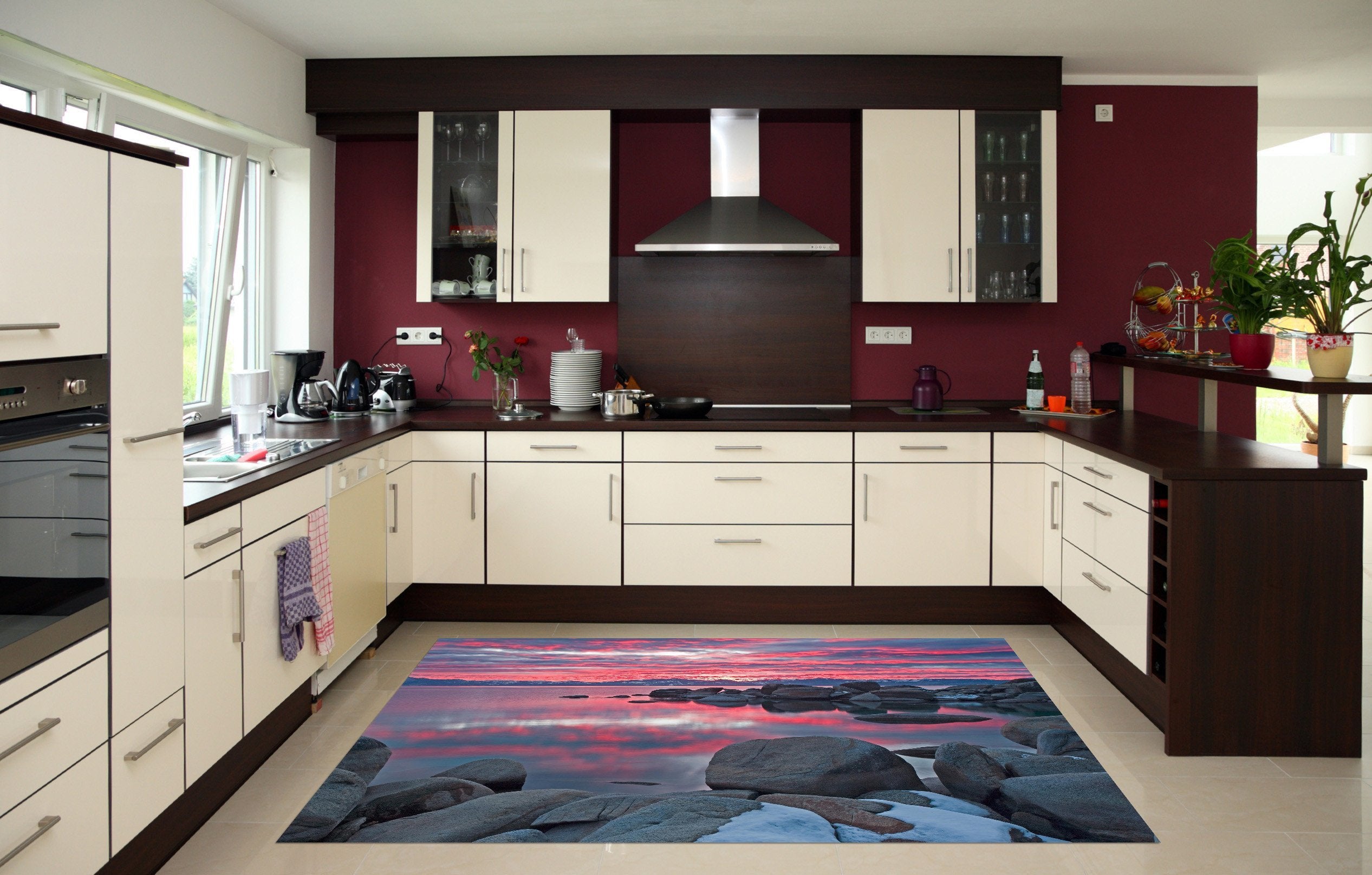3D Lake Rosy Sky Kitchen Mat Floor Mural Wallpaper AJ Wallpaper 