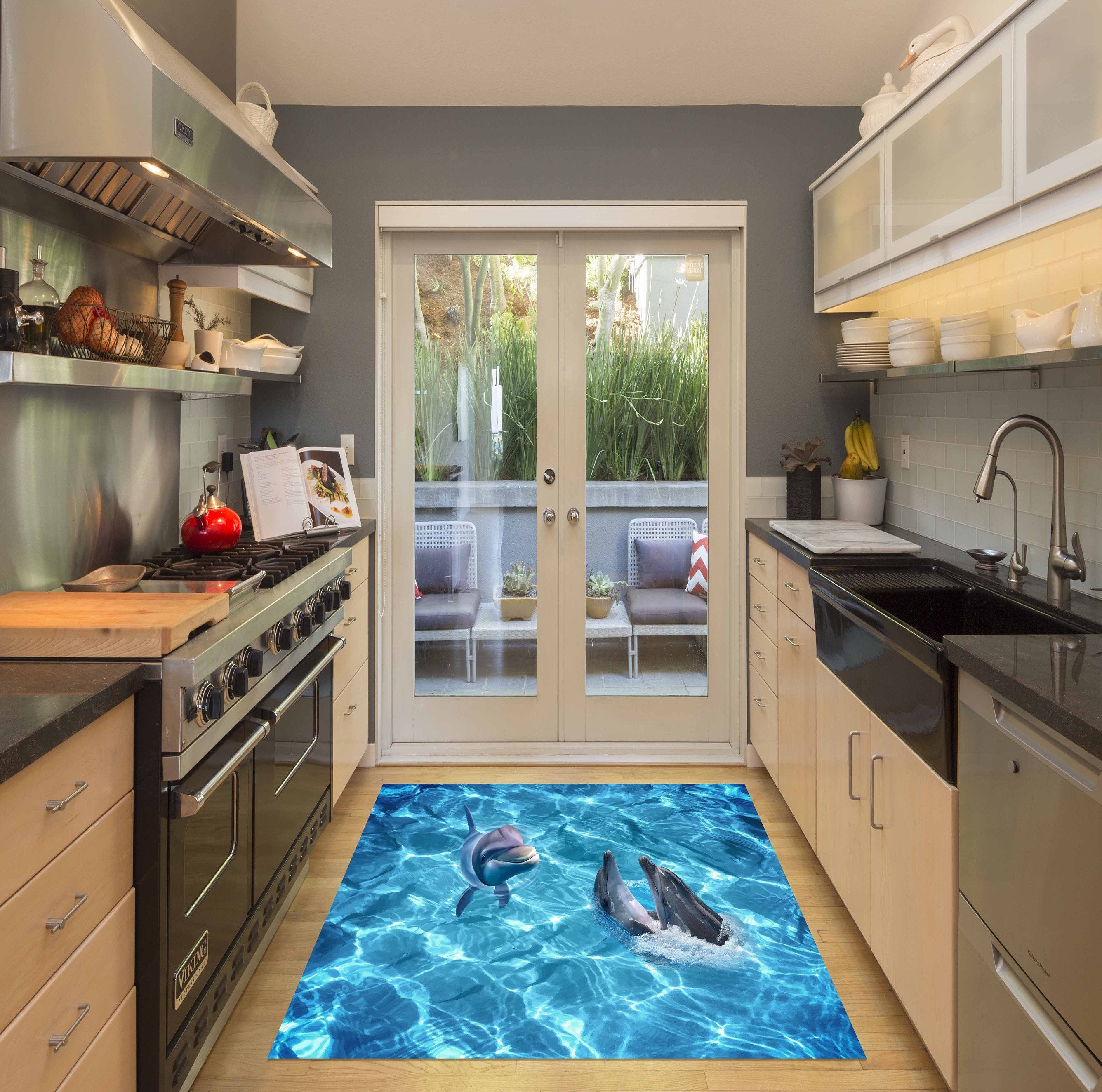 3D Blue Sea Dolphins Kitchen Mat Floor Mural Wallpaper AJ Wallpaper 