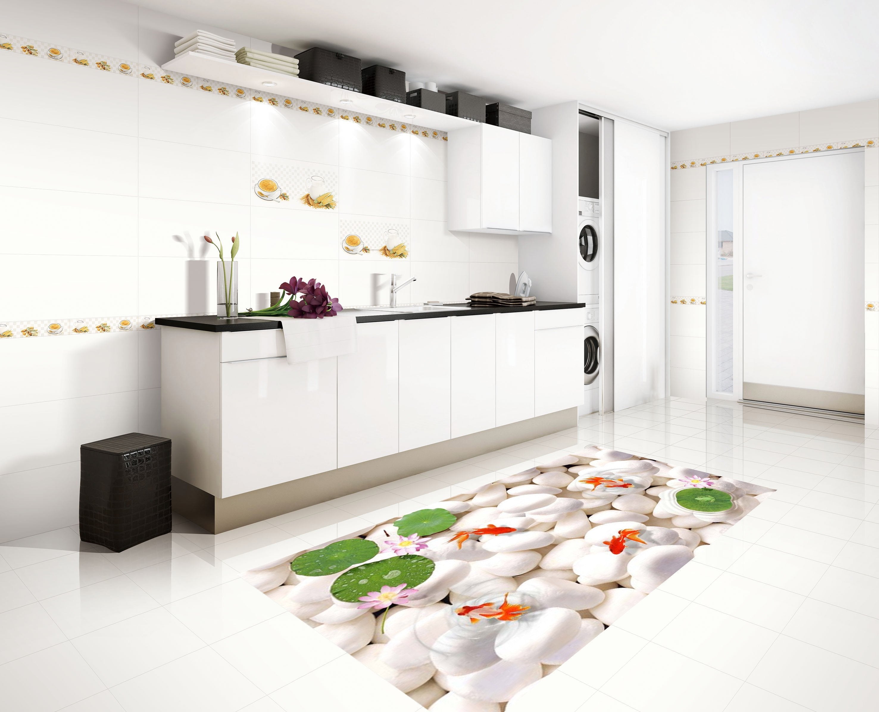 3D Pebbles Fishes Flowers 038 Kitchen Mat Floor Mural Wallpaper AJ Wallpaper 