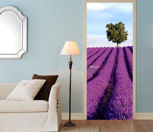 3D lavender field tree door mural Wallpaper AJ Wallpaper 