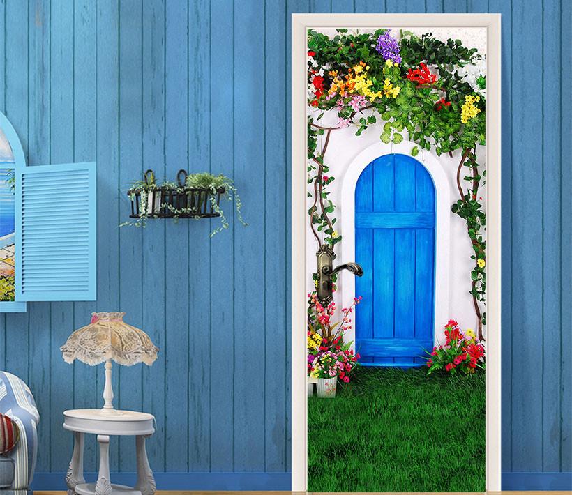 3D blue door flower vine grassland door mural Wallpaper AJ Wallpaper 