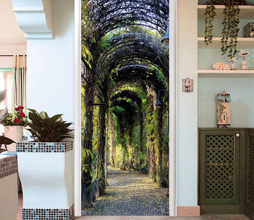 3D green covered arch corridor door mural Wallpaper AJ Wallpaper 