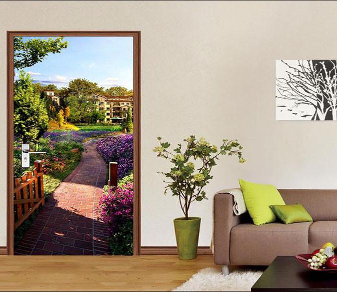 3D park garden flowers and plants door mural Wallpaper AJ Wallpaper 