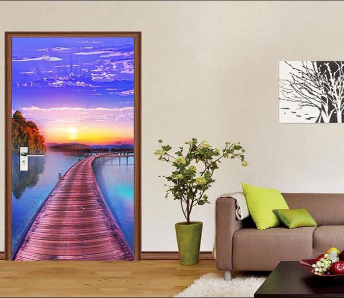 3D setting sun lake water plank bridge door mura Wallpaper AJ Wallpaper 