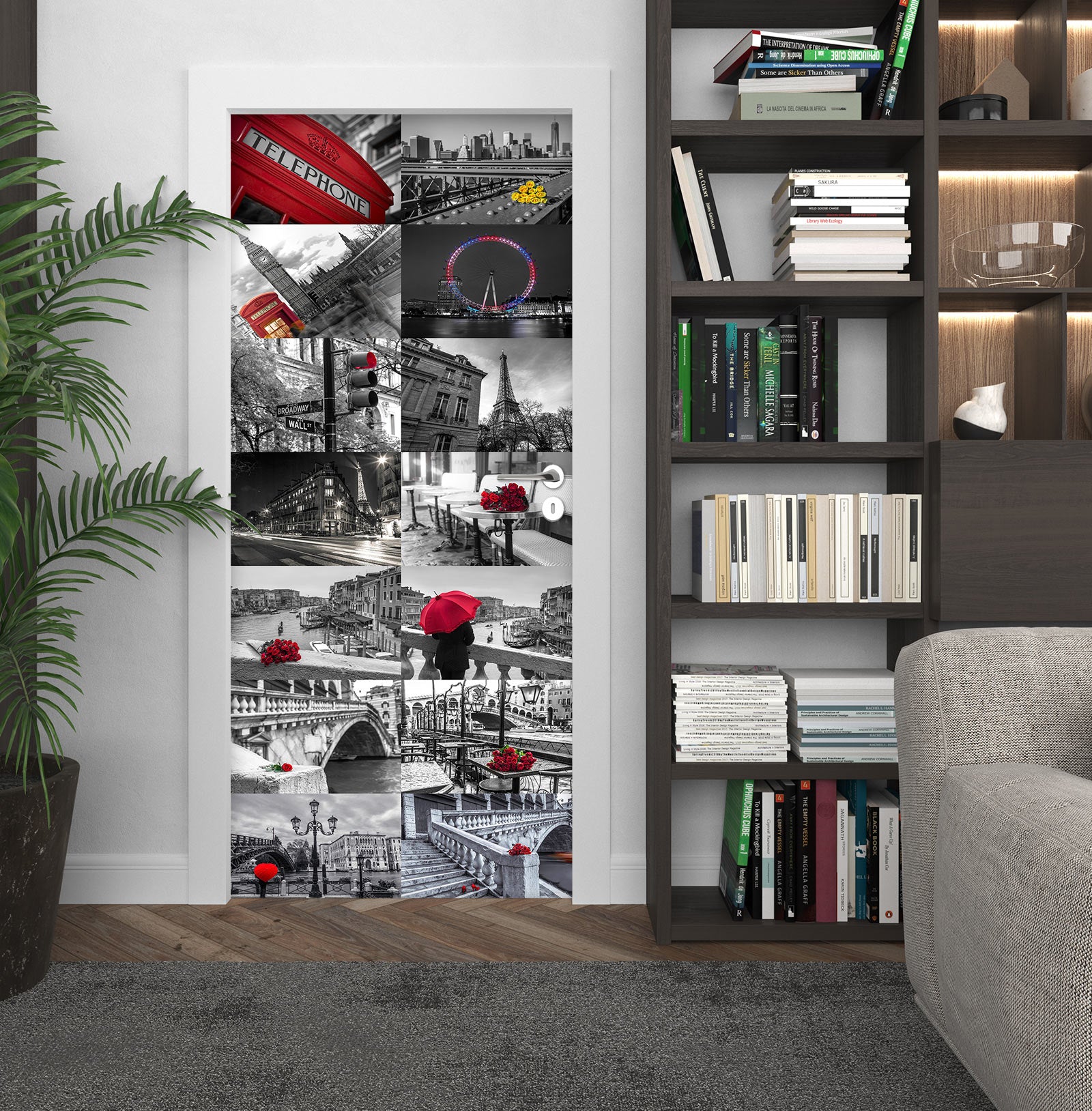 3D Mosaic Red Umbrella Phone Booth 106211 Assaf Frank Door Mural