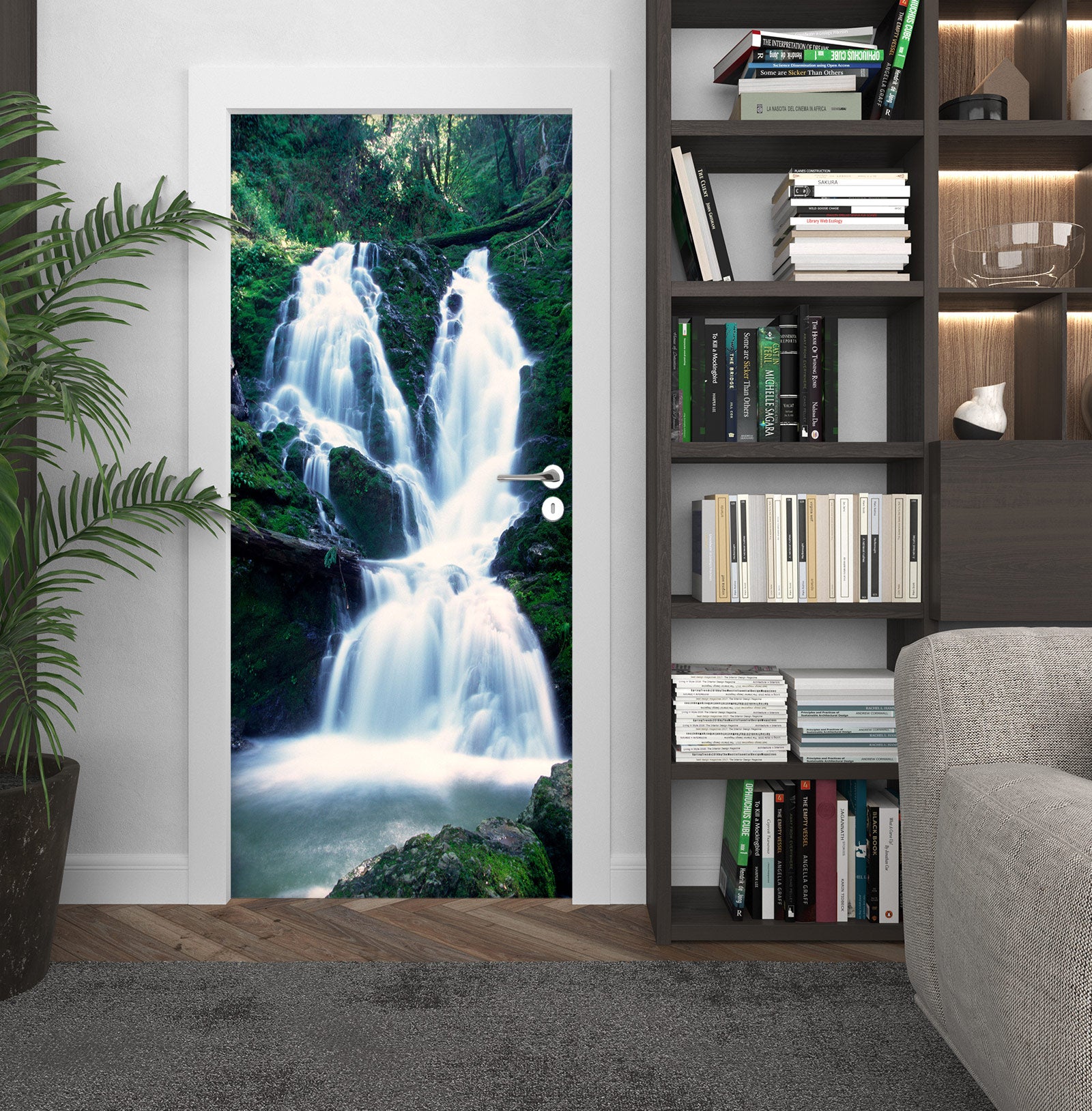 3D White Waterfall Forest 044 Door Mural