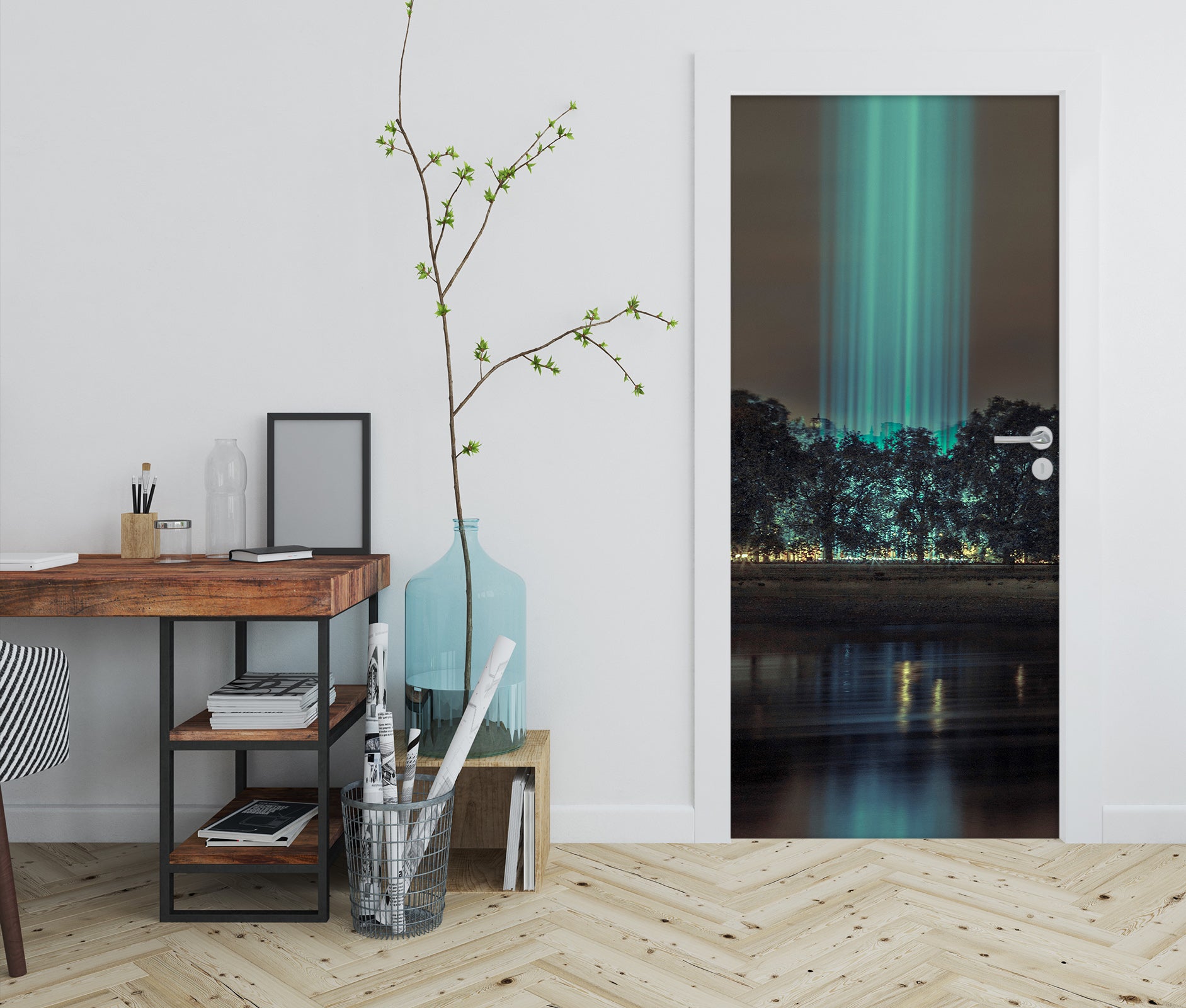 3D Trees Green Light 10690 Assaf Frank Door Mural