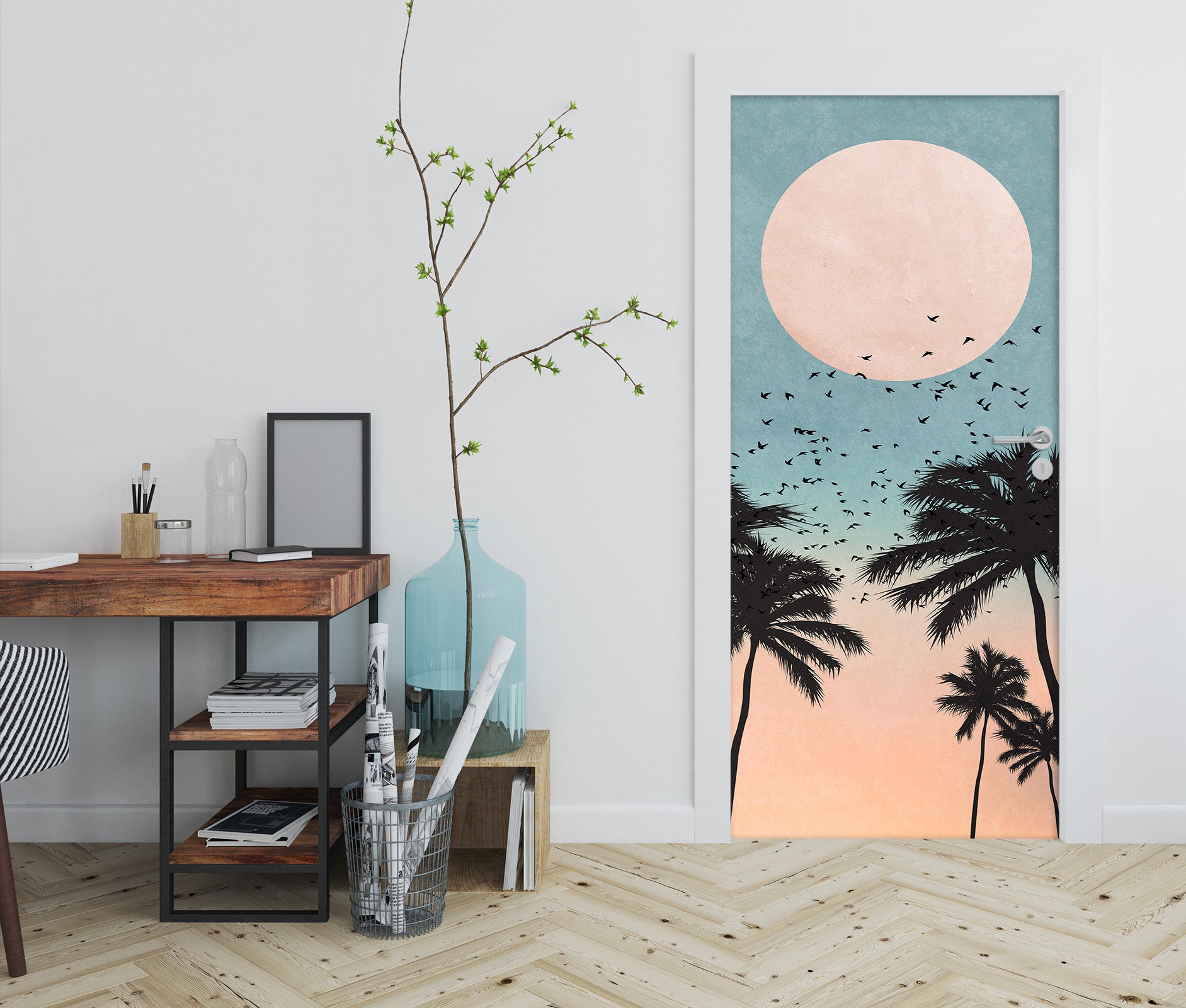 3D Moon Coconut Tree Shadow 10145 Boris Draschoff Door Mural