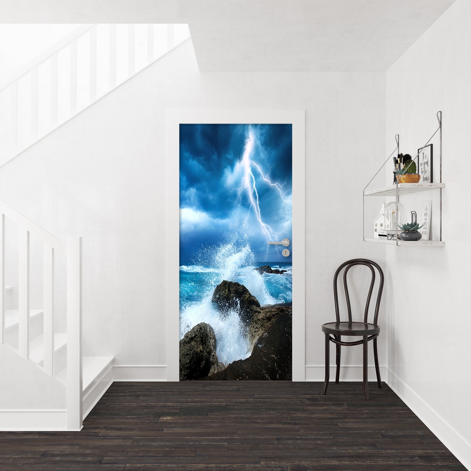 3D Blue Lightning Waves 165 Door Mural