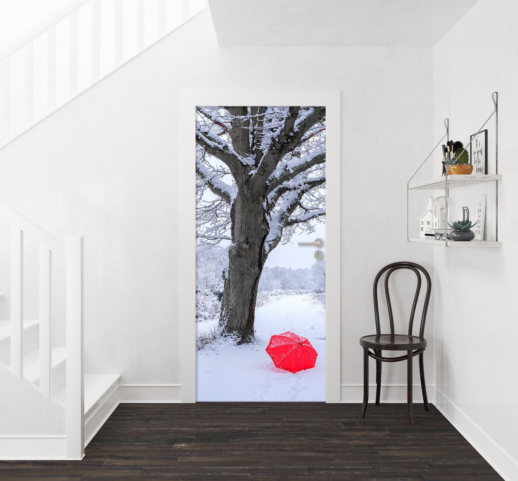 3D Snow Tree Red Umbrella 106205 Assaf Frank Door Mural