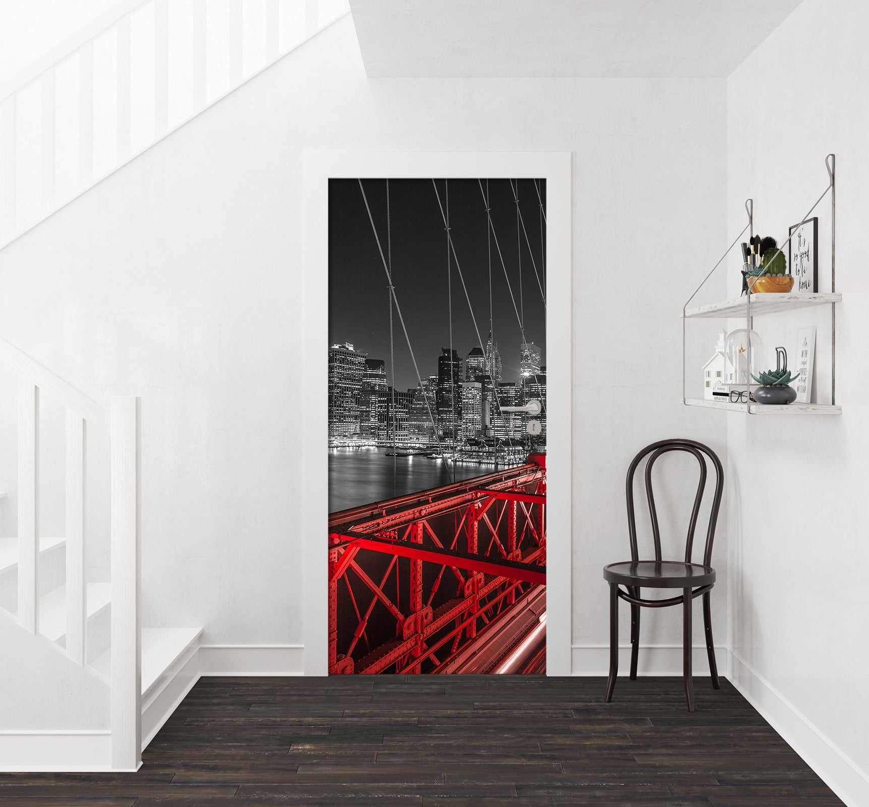 3D Red Light Bridge Grey Building 10708 Assaf Frank Door Mural