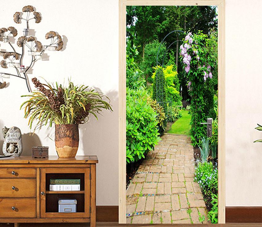 3D stone road green trees door mural Wallpaper AJ Wallpaper 