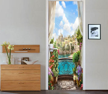 3D potted flowers white clouds painting door mural Wallpaper AJ Wallpaper 