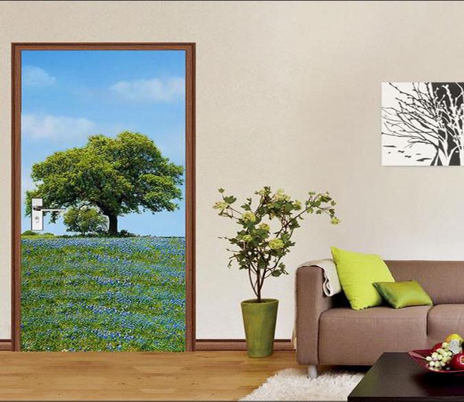 3D tree floret green door mural Wallpaper AJ Wallpaper 
