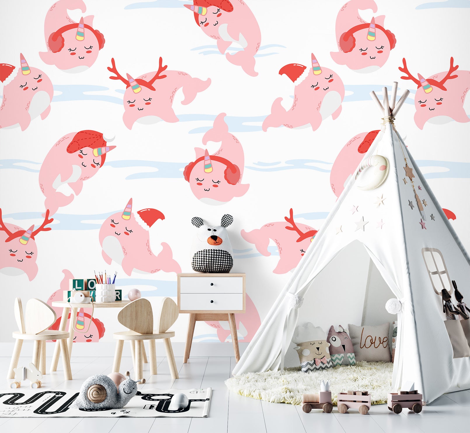 3D Pink Whale Red Antlers 57056 Wall Murals