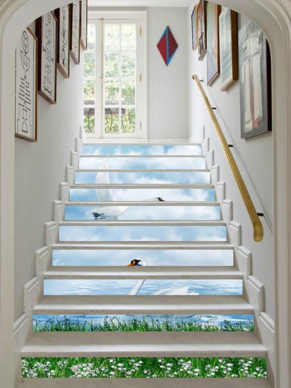 3D Lake Swans 381 Stair Risers Wallpaper AJ Wallpaper 