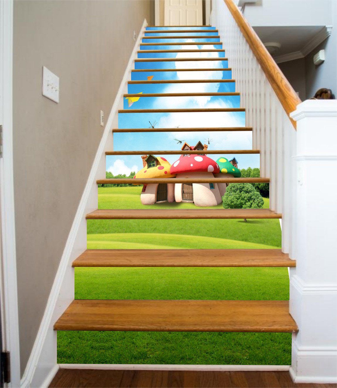 3D Grassland Mushroom Houses 477 Stair Risers Wallpaper AJ Wallpaper 