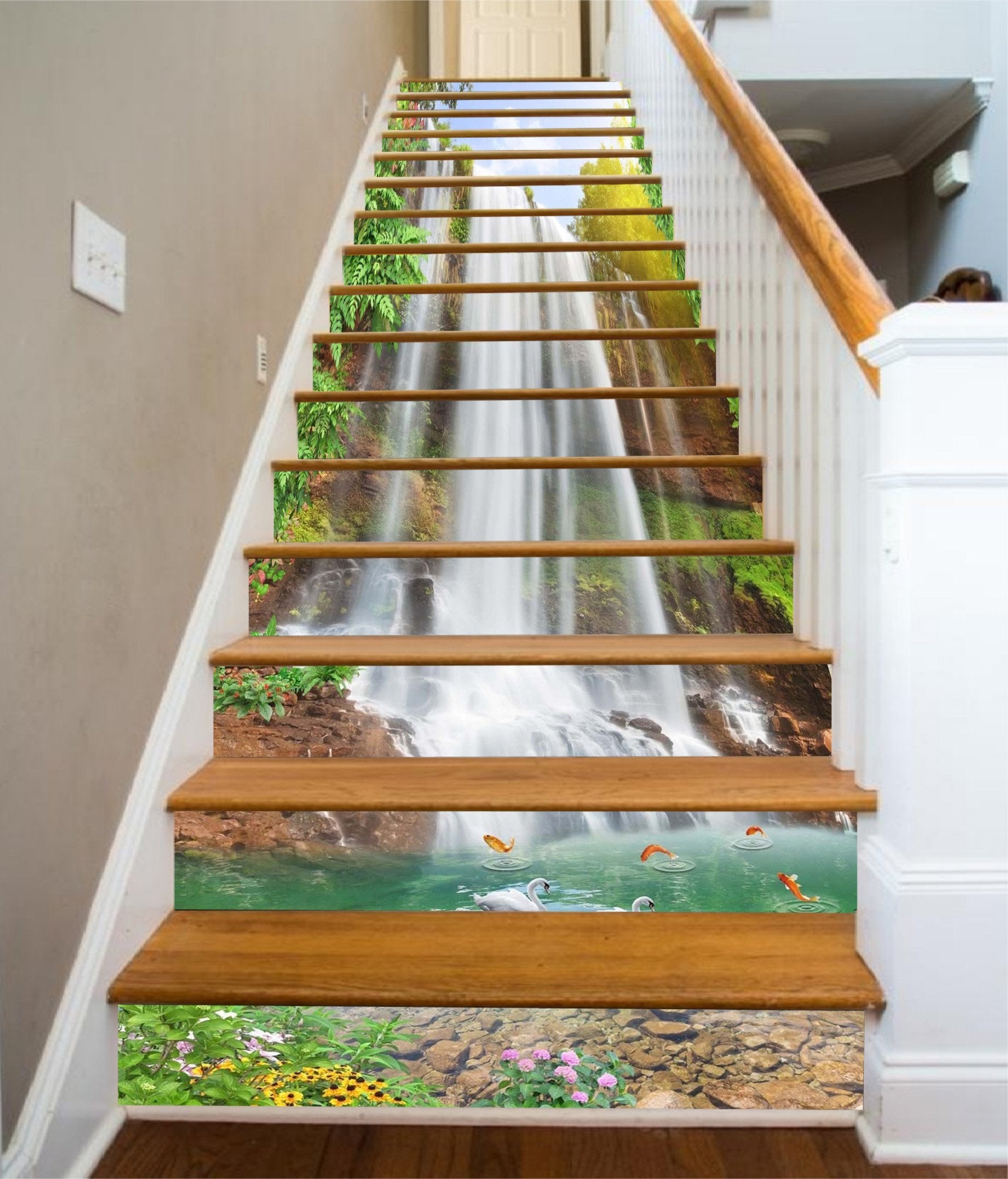 3D Waterfall Swans Fishes 1414 Stair Risers Wallpaper AJ Wallpaper 
