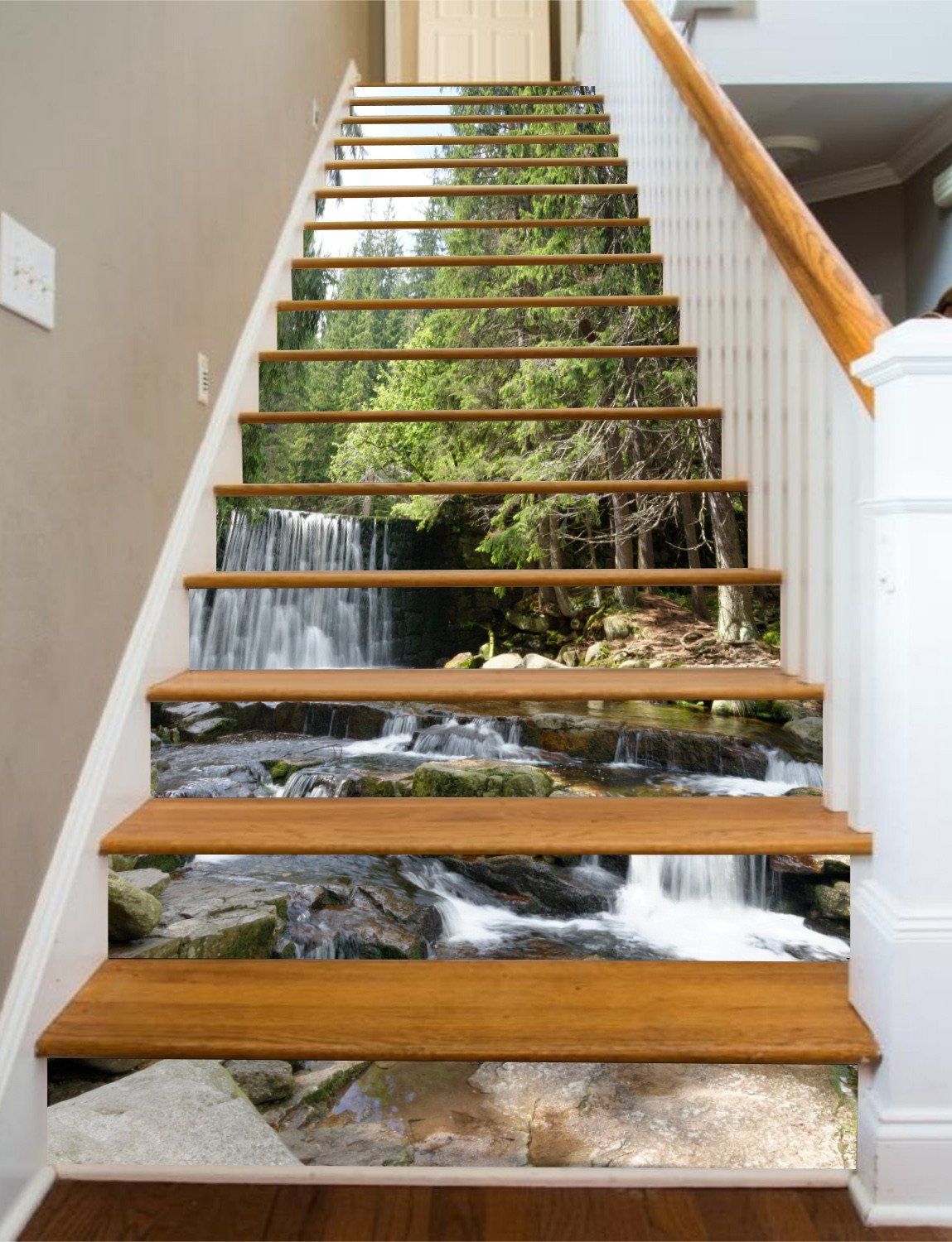 3D Forest River Waterfall 32 Stair Risers Wallpaper AJ Wallpaper 