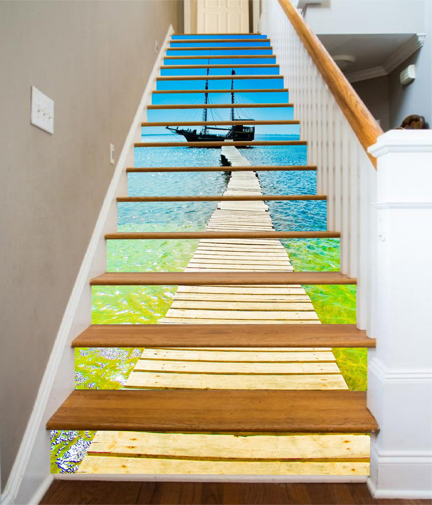 3D Sea Wood Bridge Boat 1021 Stair Risers | AJ Wallpaper