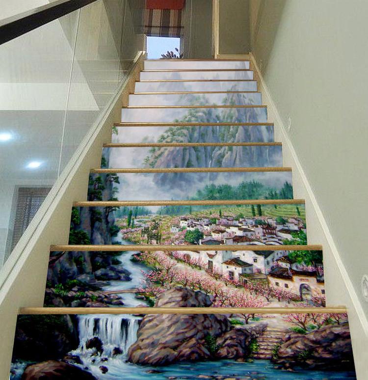 3D Mountains Village 1 Stair Risers Wallpaper AJ Wallpaper 