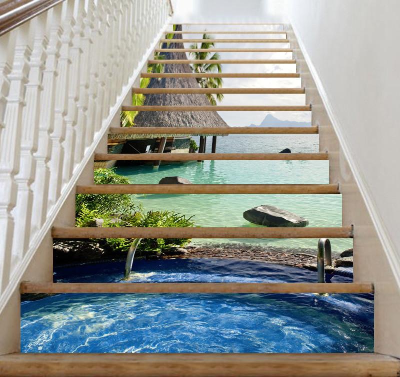 3D Seaside Pool 203 Stair Risers Wallpaper AJ Wallpaper 