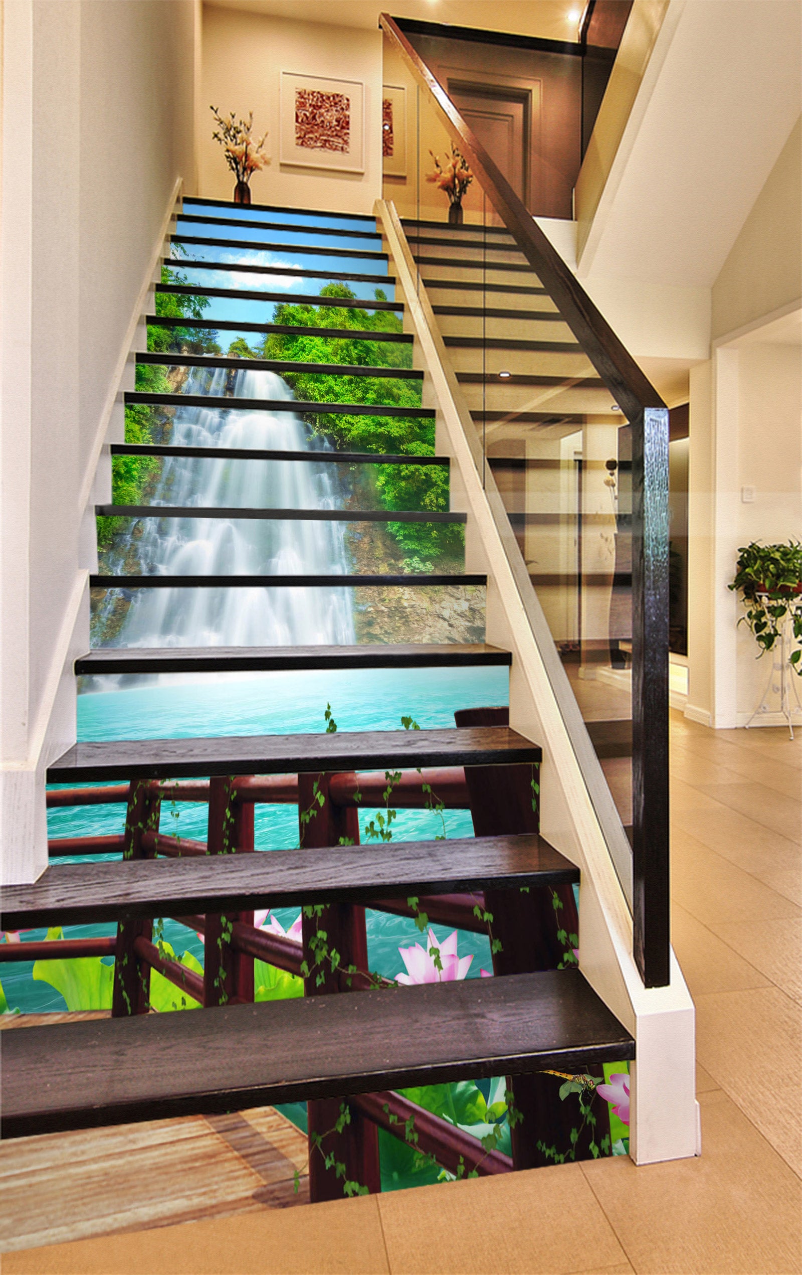 3D Beautiful Waterfall View 009 Stair Risers