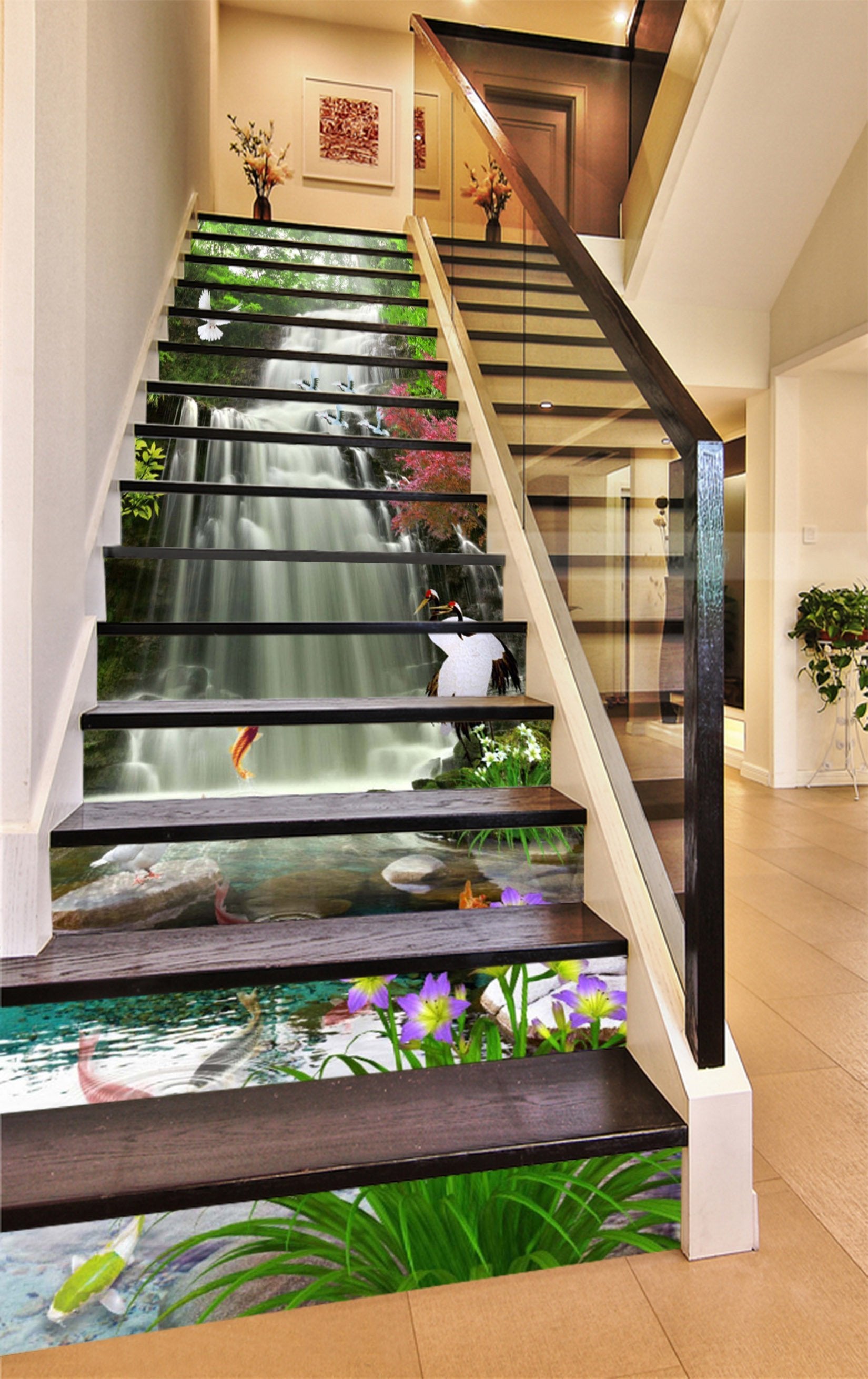 3D Waterfall Animals Flowers 1533 Stair Risers Wallpaper AJ Wallpaper 
