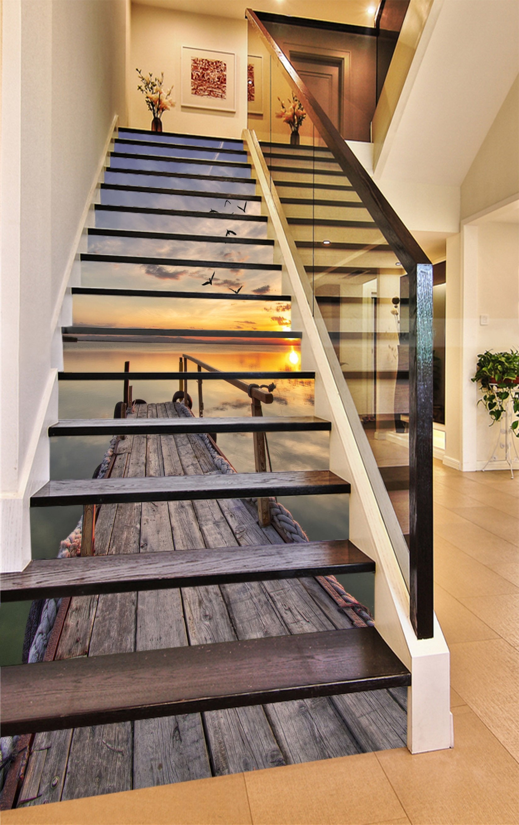 3D Sea Wood Bridge Sunset 1570 Stair Risers Wallpaper AJ Wallpaper 
