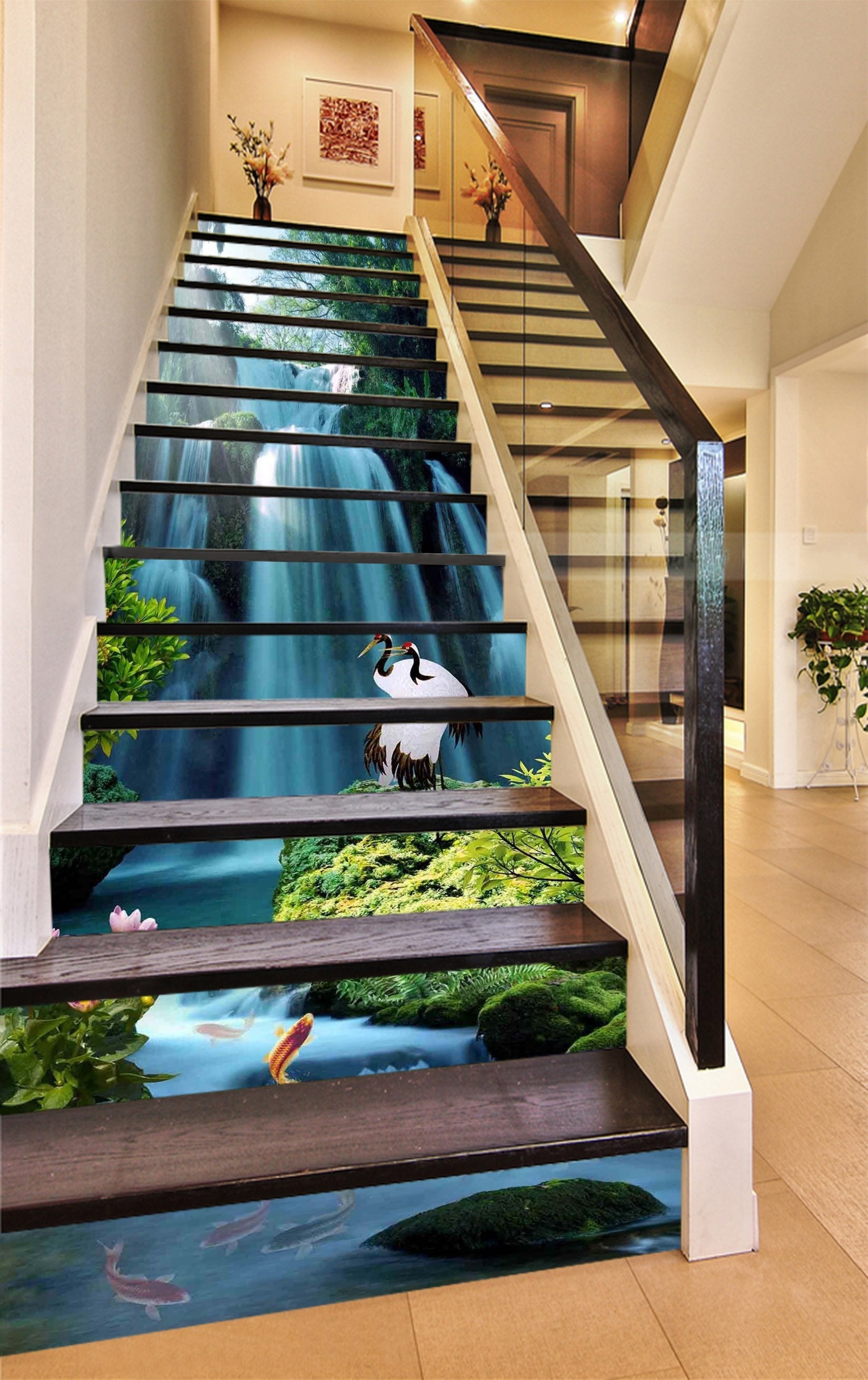 3D Charming Waterfall Cranes 1347 Stair Risers Wallpaper AJ Wallpaper 