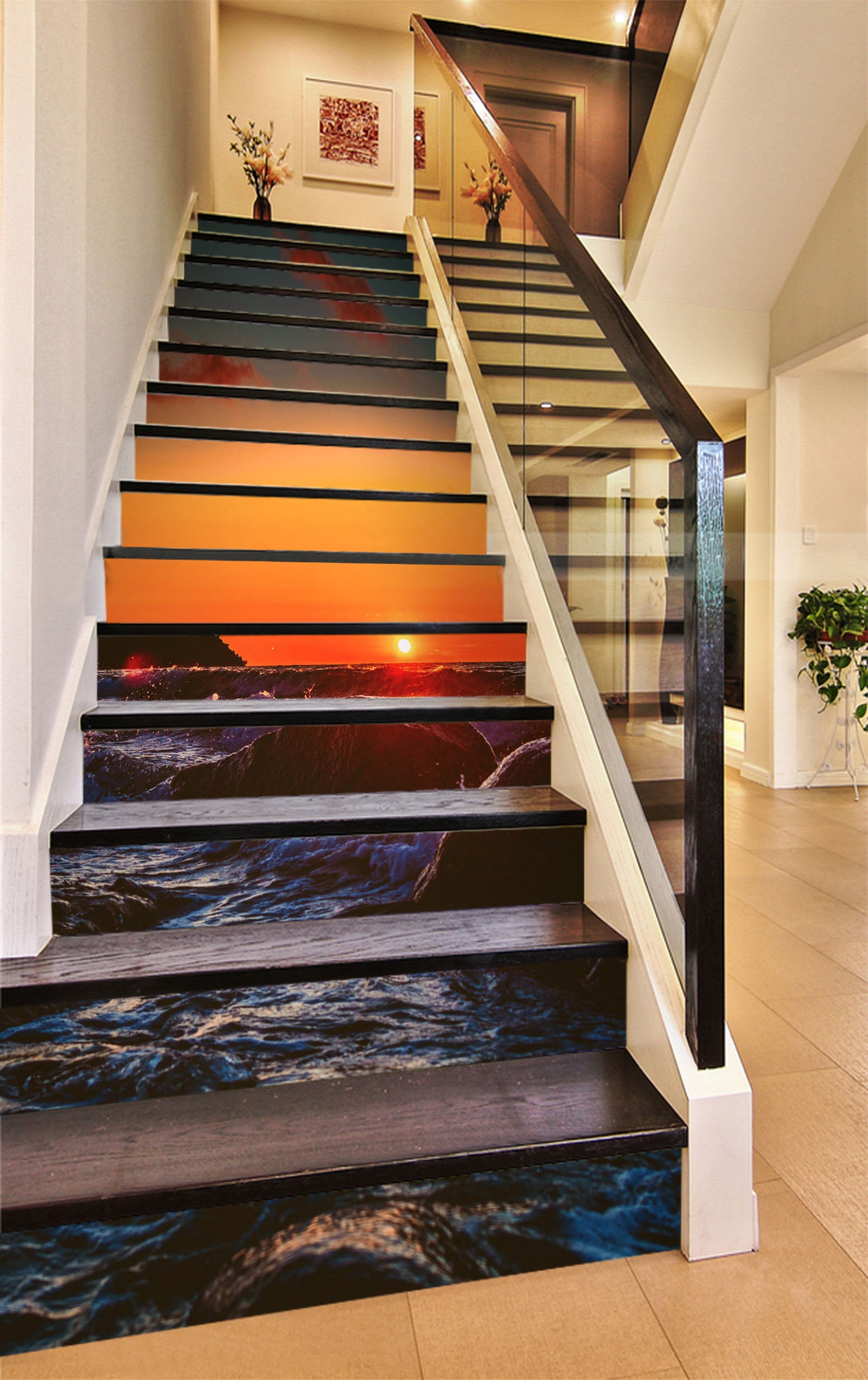 3D Sunset Over Reef Sea Water 636 Stair Risers