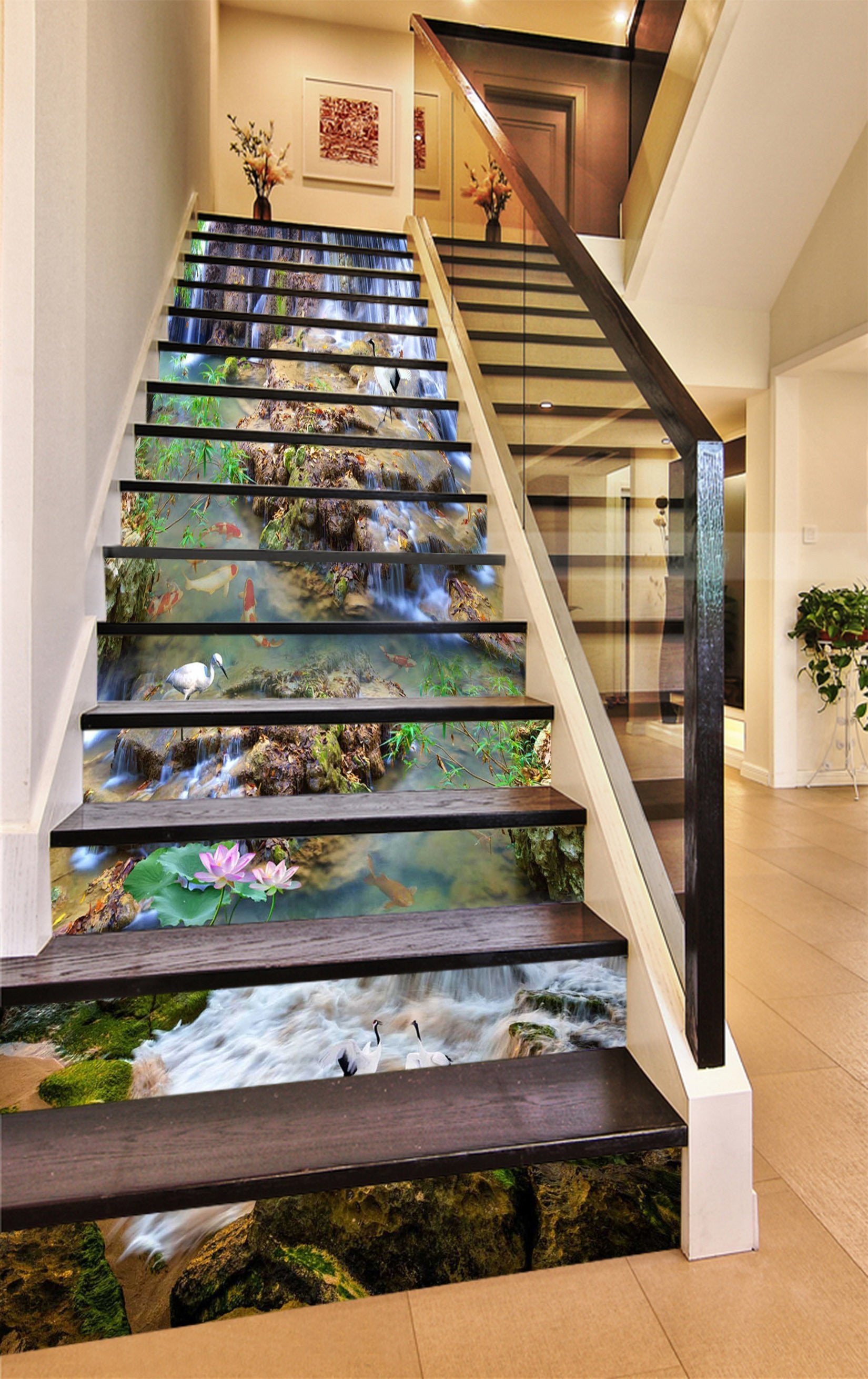 3D Waterfall Cranes Fishes 1411 Stair Risers Wallpaper AJ Wallpaper 