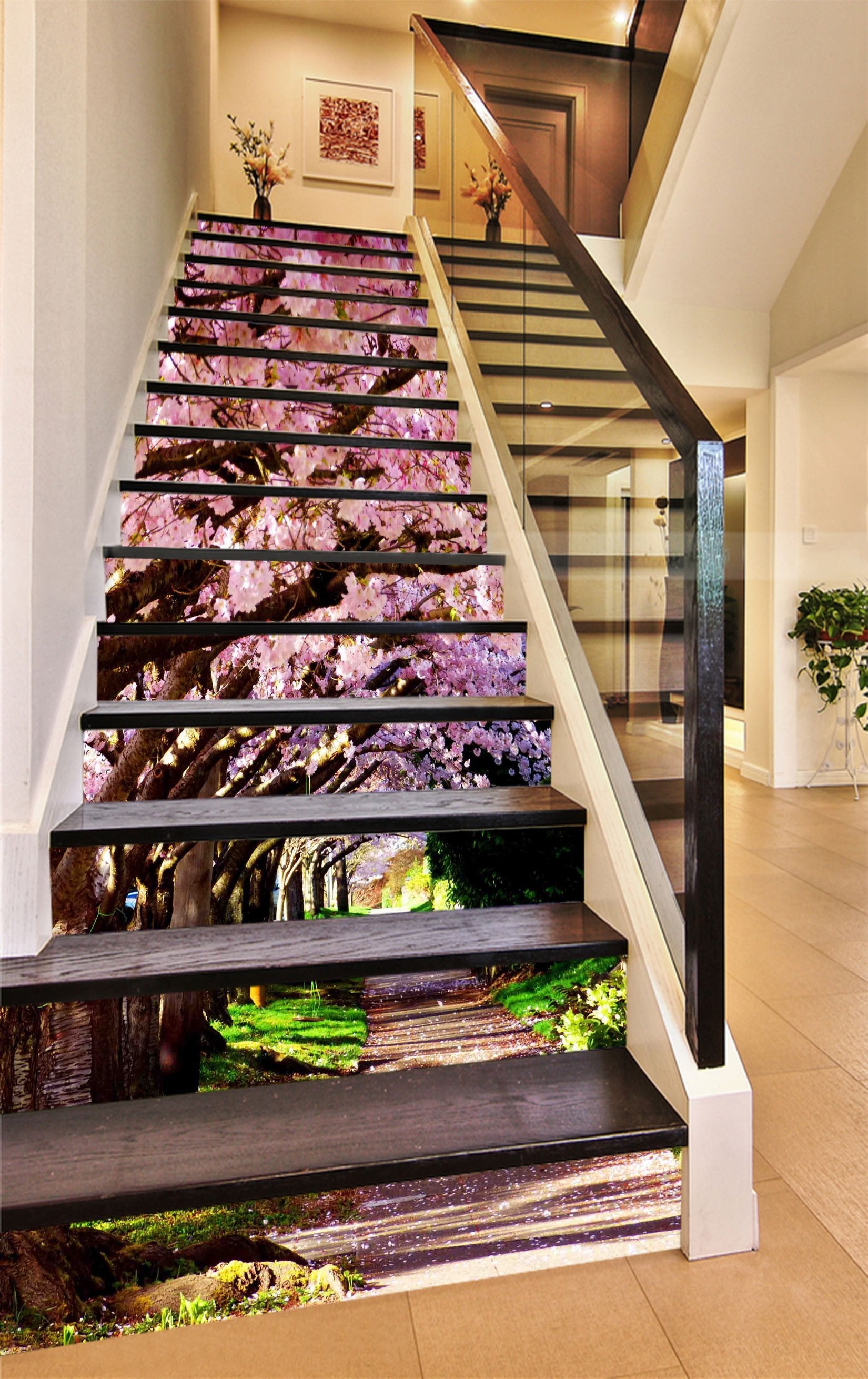 3D Path Flowering Trees 1452 Stair Risers Wallpaper AJ Wallpaper 