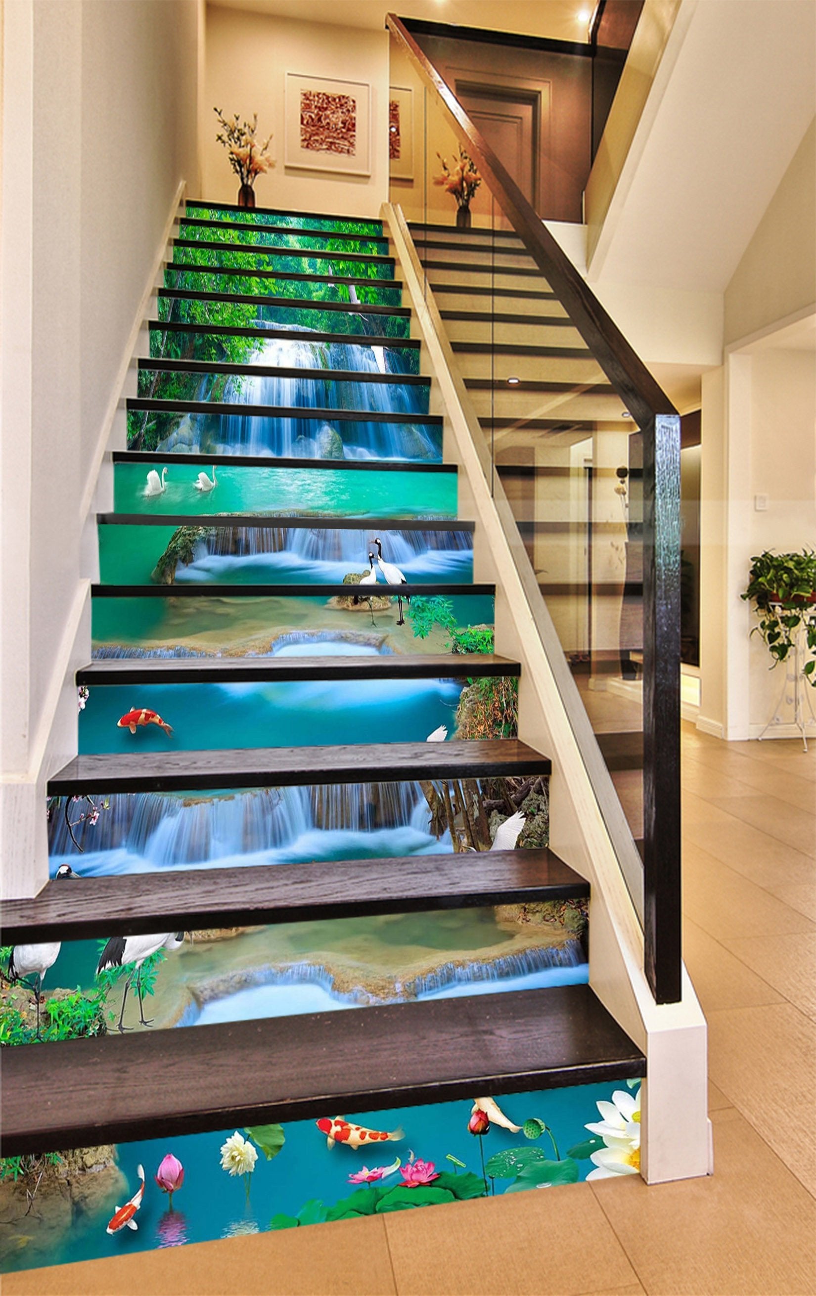 3D River Waterfall Animals 1429 Stair Risers Wallpaper AJ Wallpaper 