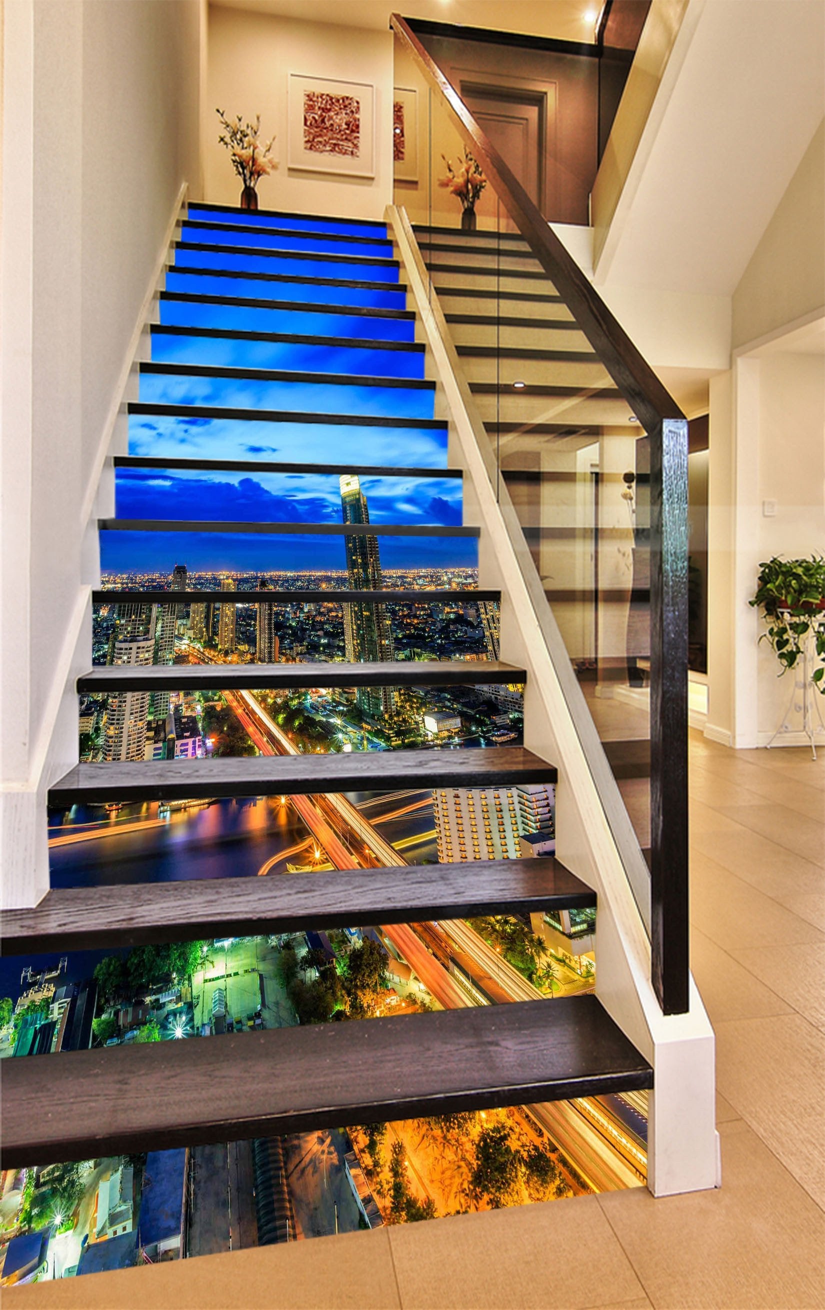 3D Dusk Bright City 1314 Stair Risers Wallpaper AJ Wallpaper 