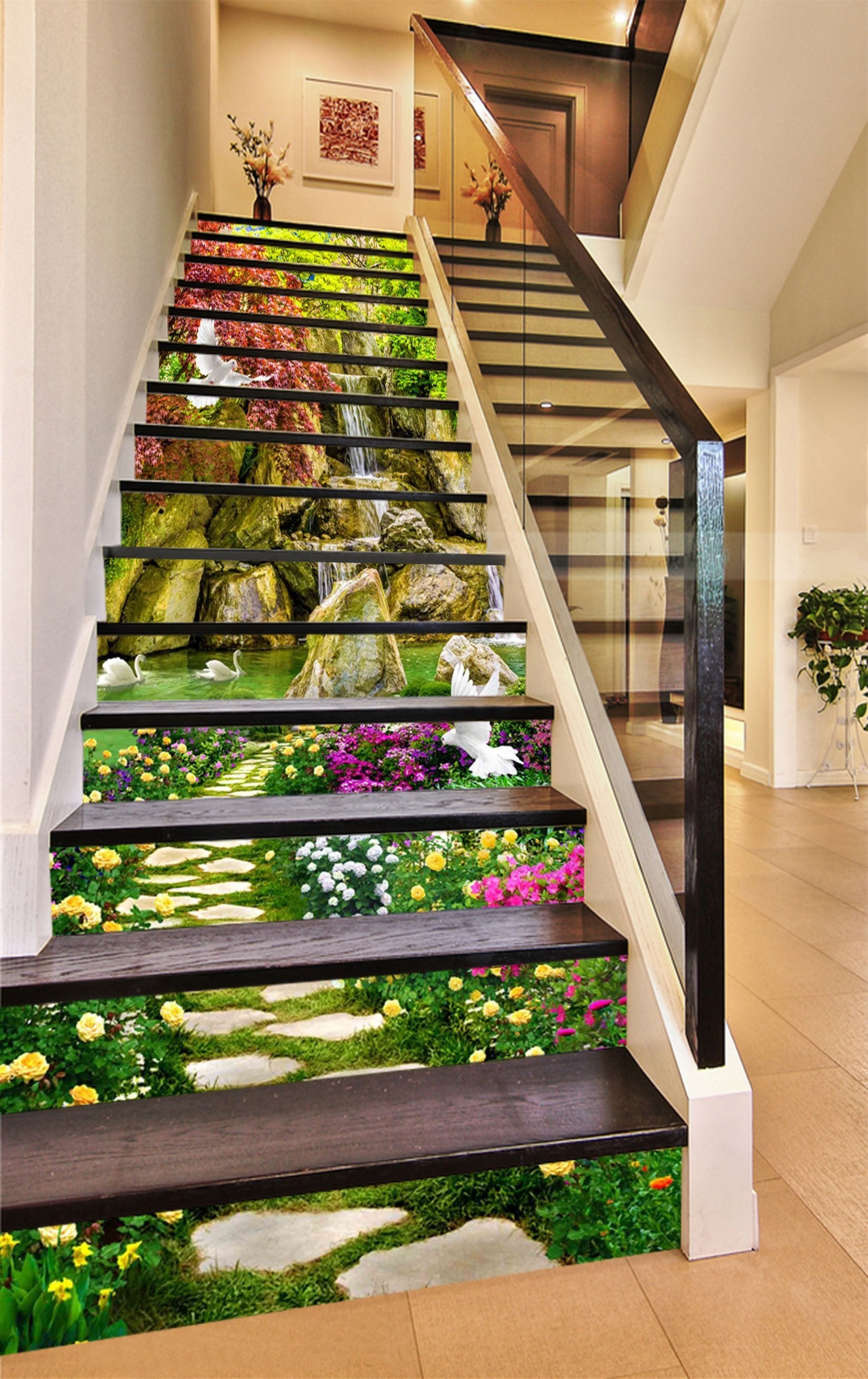 3D Riverside Flowers Birds 1507 Stair Risers Wallpaper AJ Wallpaper 