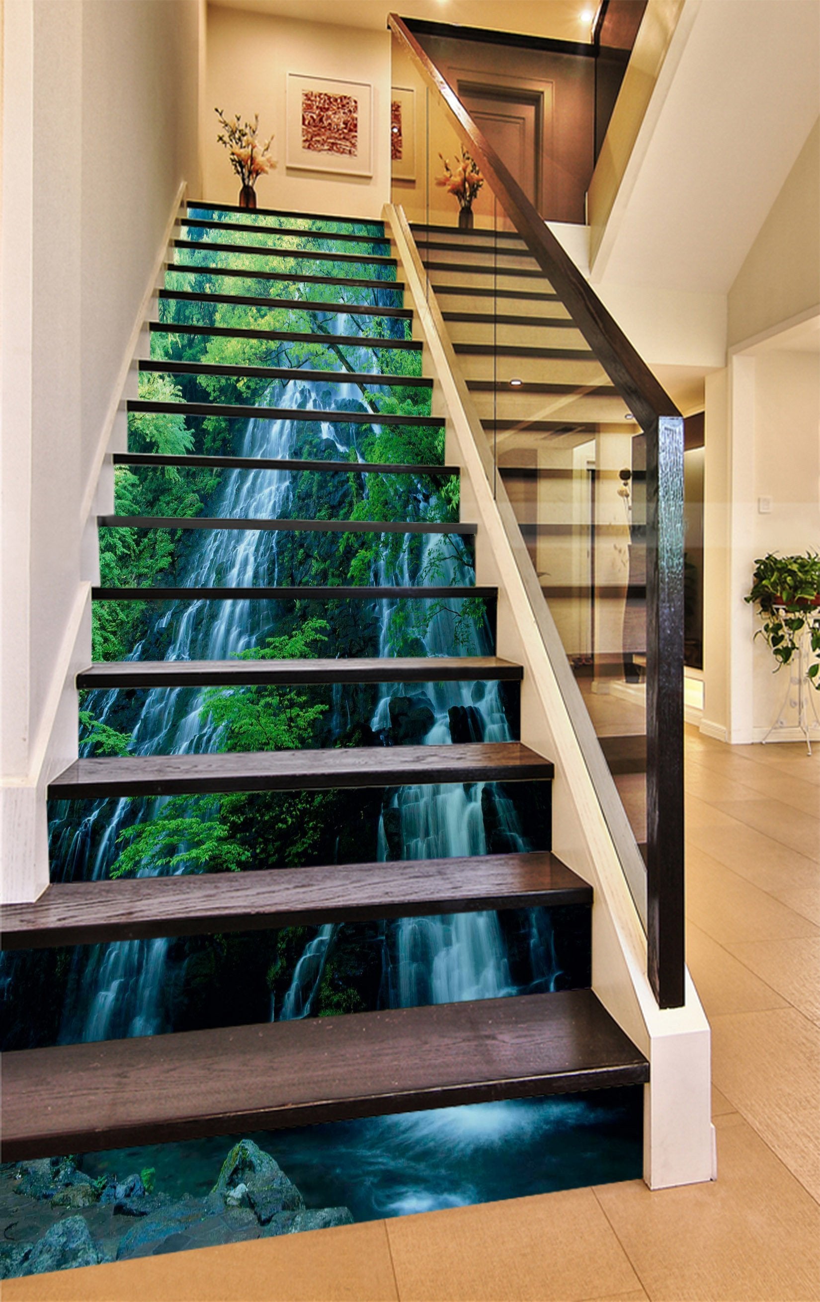 3D Waterfalls Green Trees 1590 Stair Risers Wallpaper AJ Wallpaper 