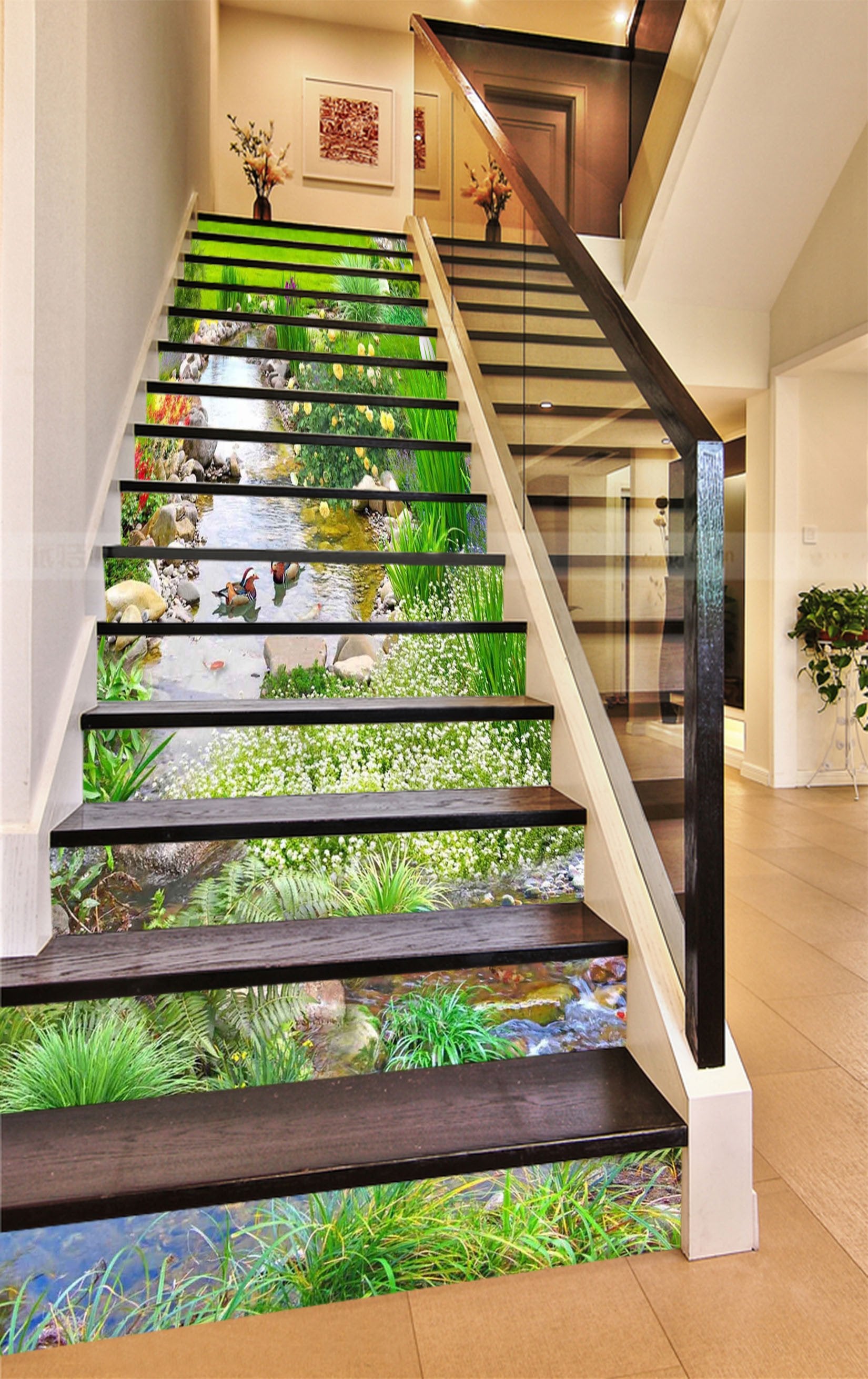 3D Creek Mandarin Ducks 426 Stair Risers Wallpaper AJ Wallpaper 